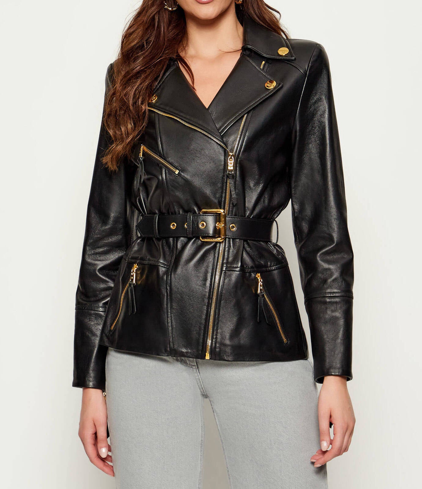 ELISABETTA FRANCHI Giacca Biker Pelle con Cintura-Nero
