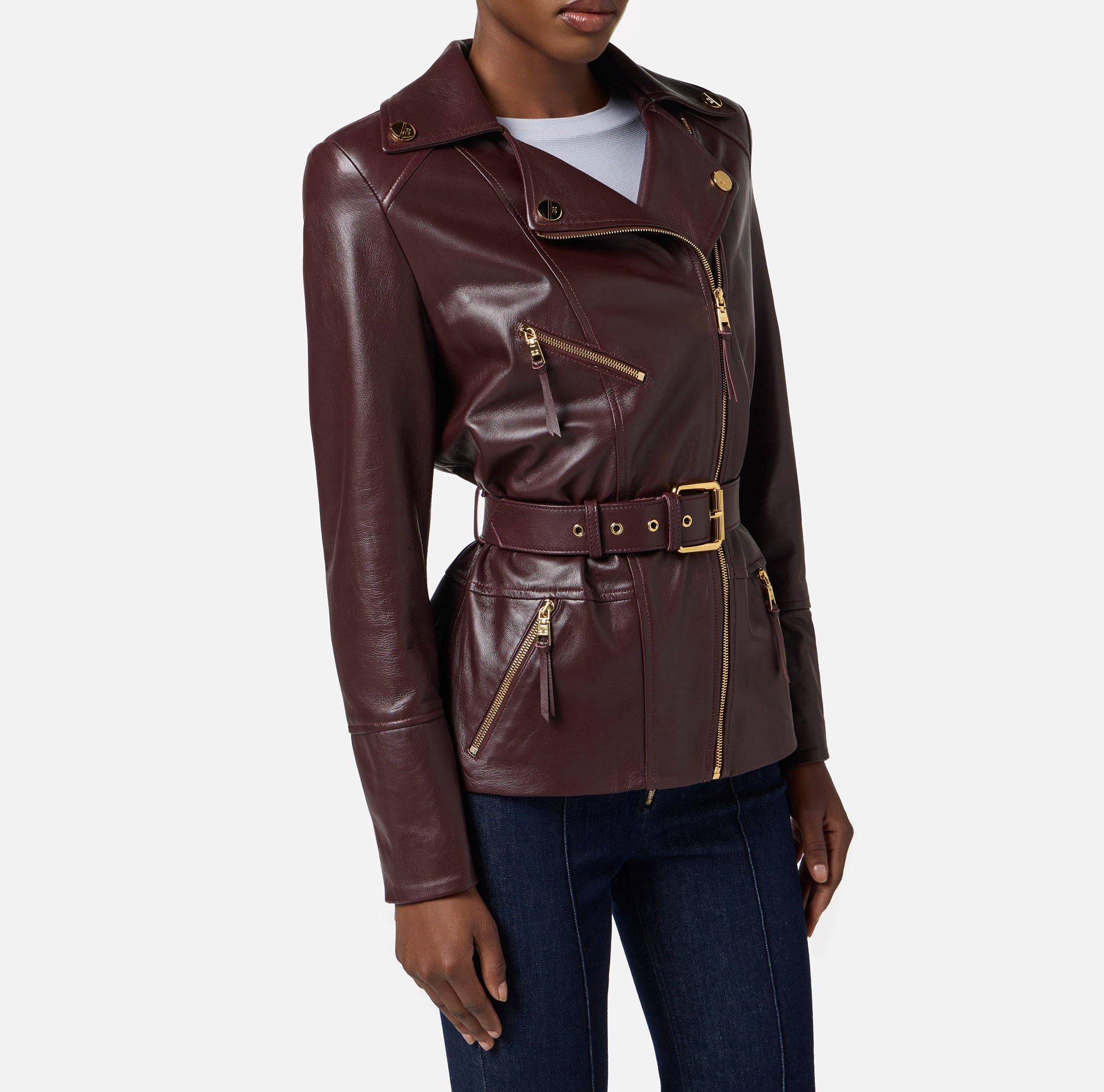 ELISABETTA FRANCHI Giacca Biker Pelle con Cintura-Merlot