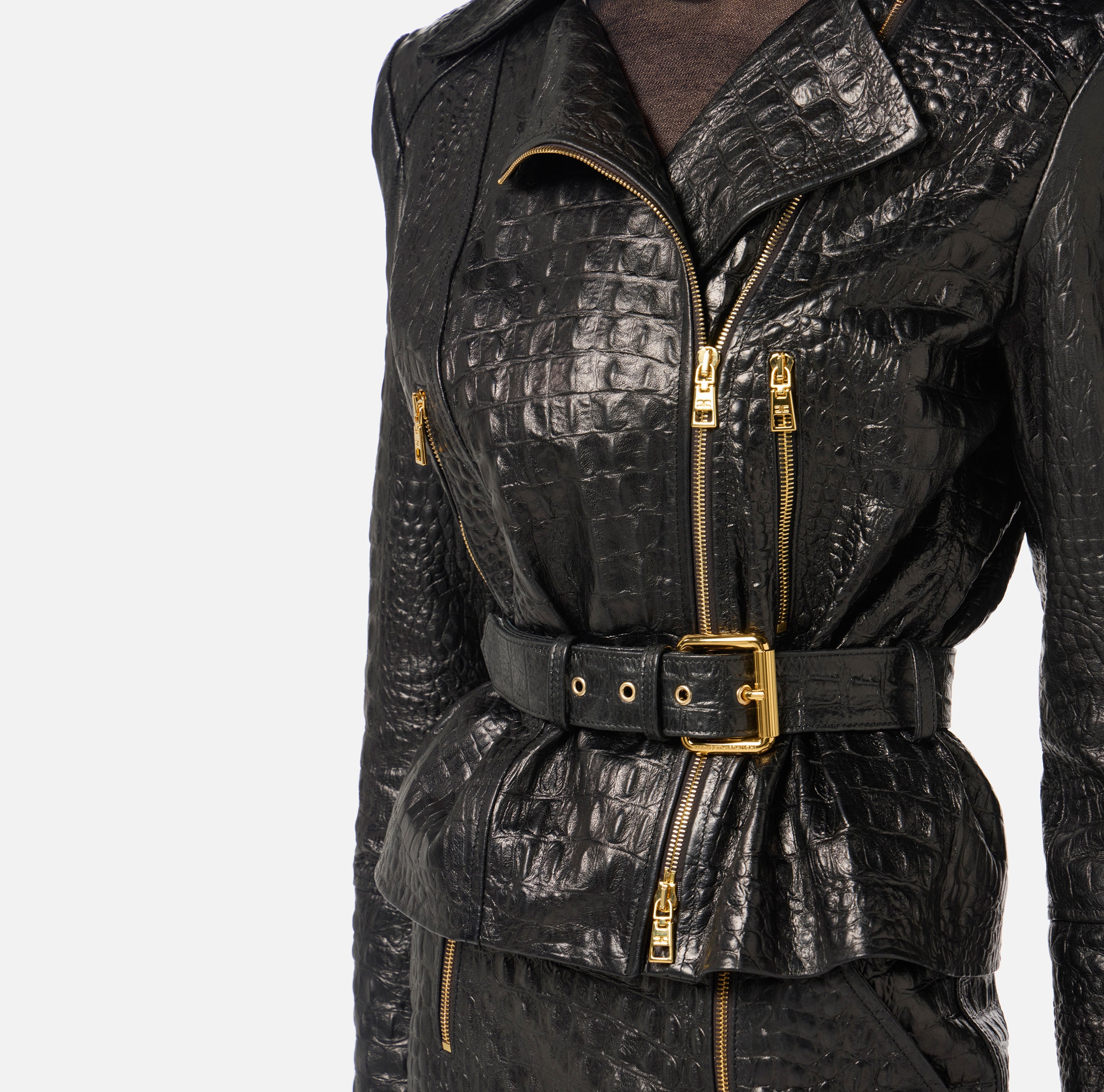 ELISABETTA FRANCHI Giacca Biker Pelle Coccodrillo Cintura-Nero