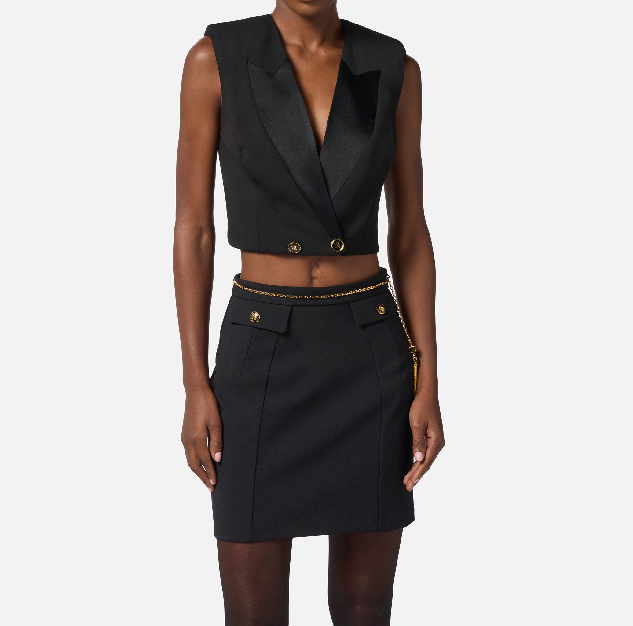 ELISABETTA FRANCHI Gilet Cropped Crêpe Raso-Nero