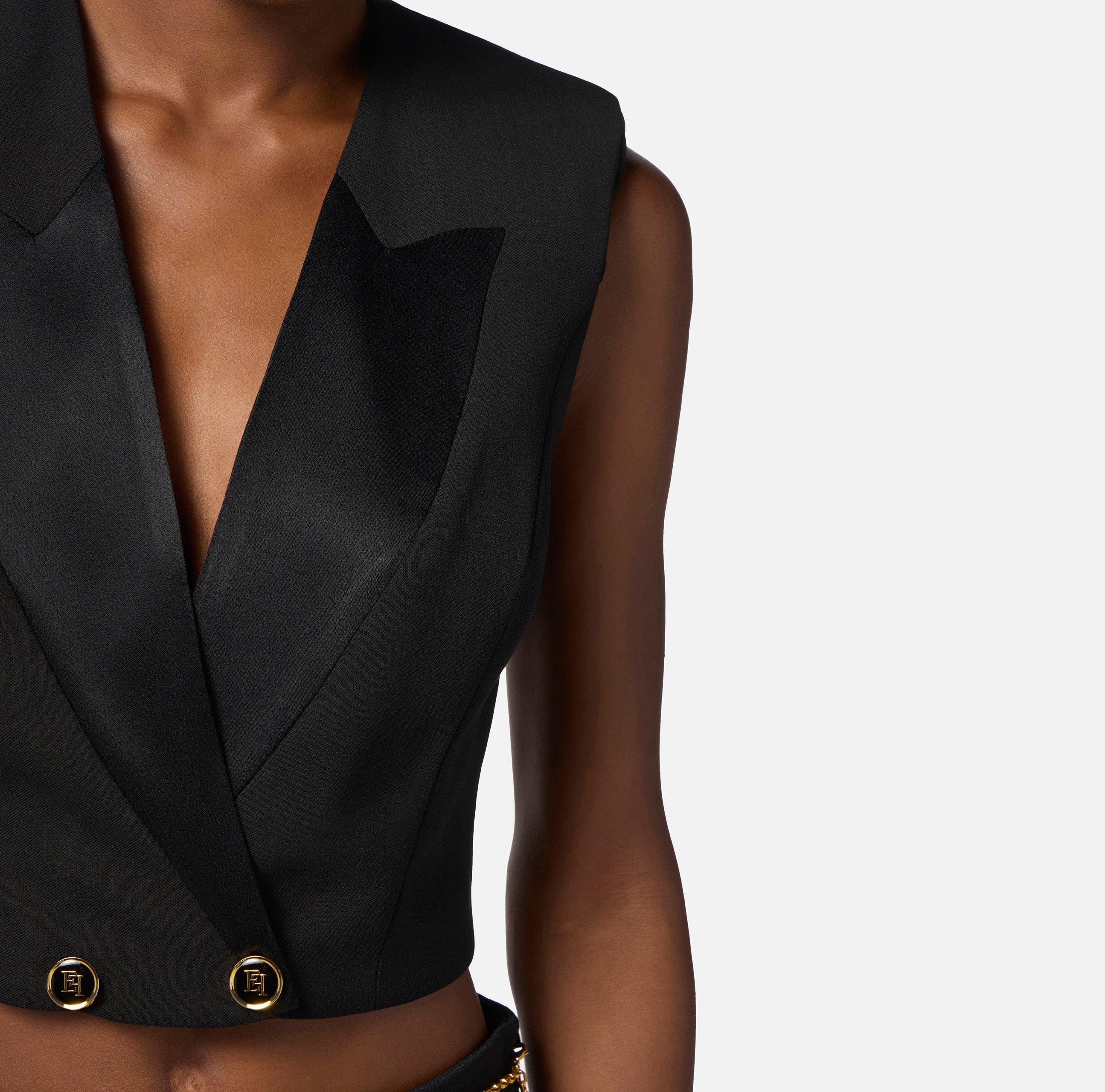 ELISABETTA FRANCHI Gilet Cropped Crêpe Raso-Nero