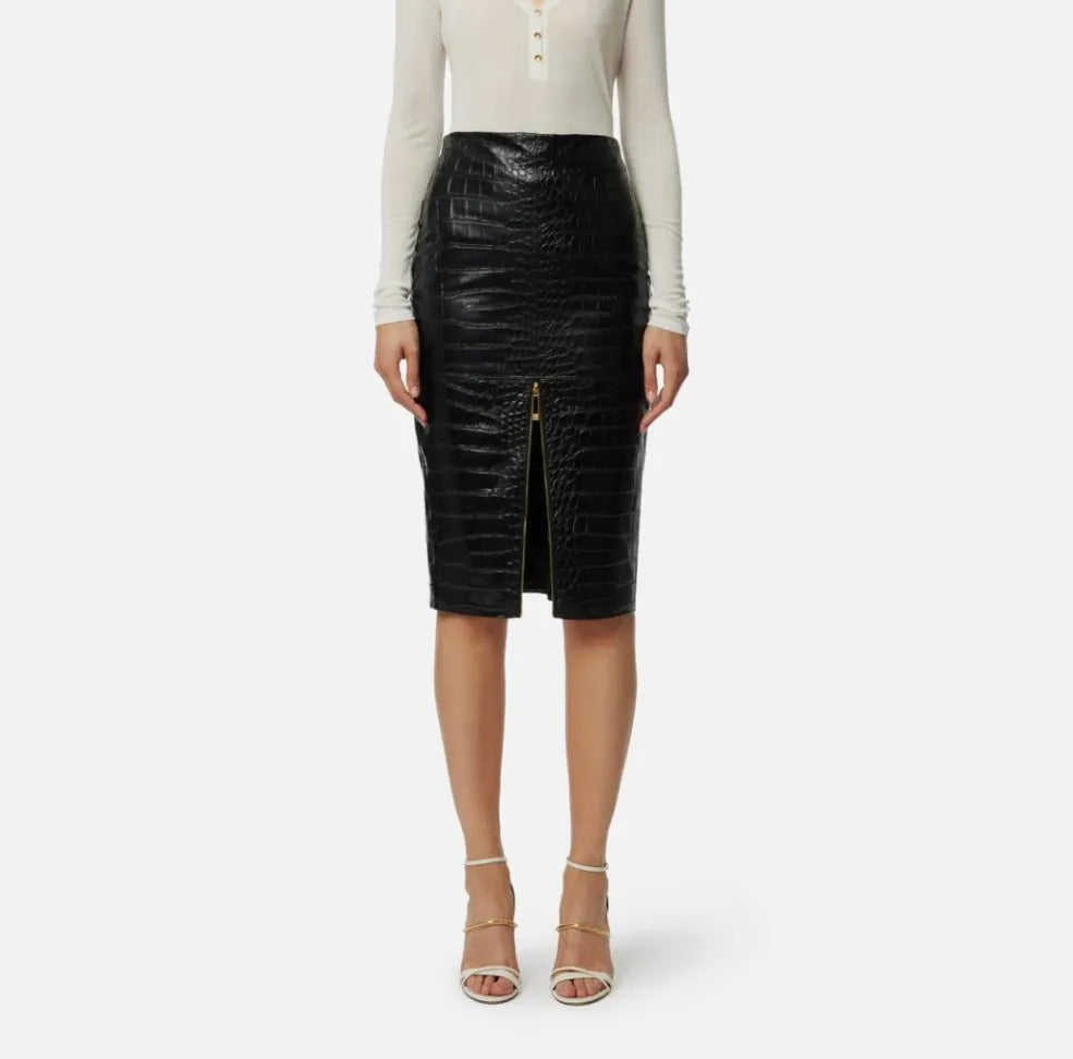 ELISABETTA FRANCHI GONNA Midi Ecopelle Coccodrillo-Nero