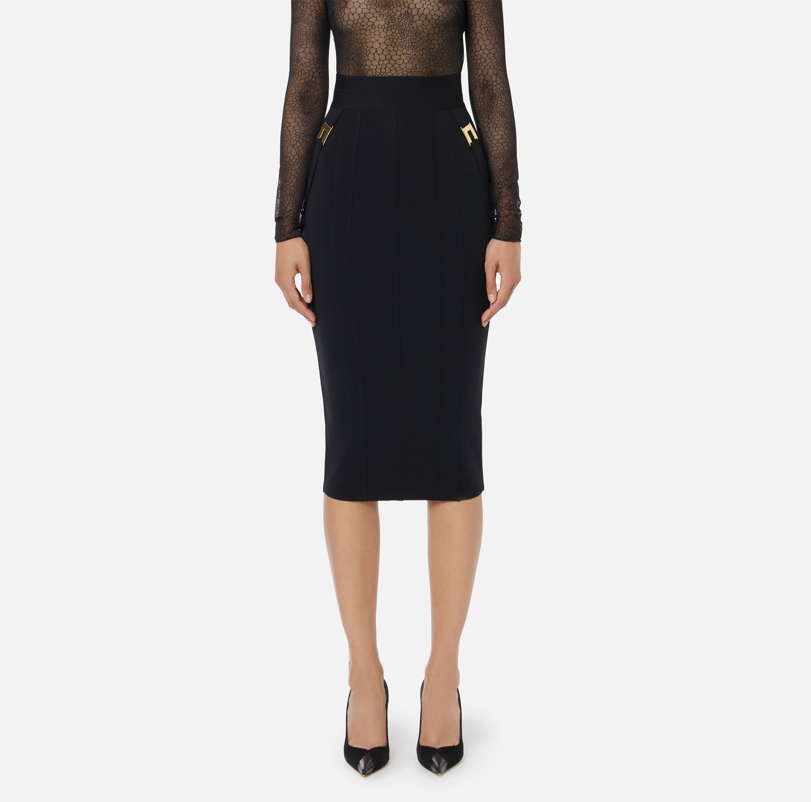ELISABETTA FRANCHI Gonna Midi Logo Gioiello-Nero