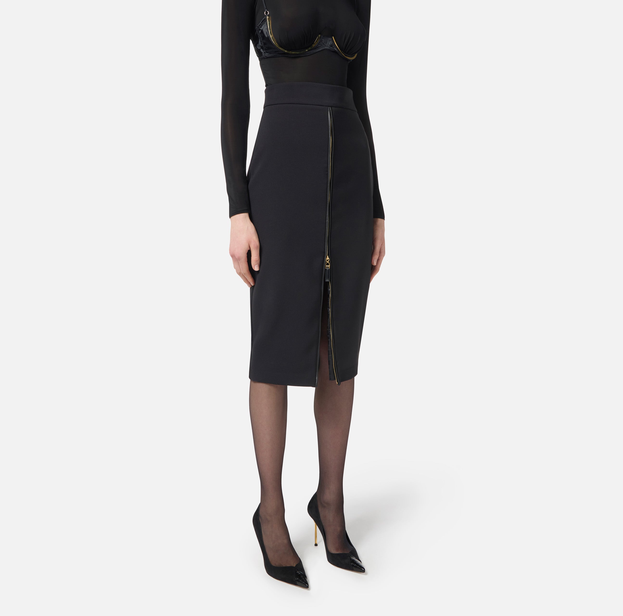 ELISABETTA FRANCHI Gonna Midi Crêpe Zip-Nero