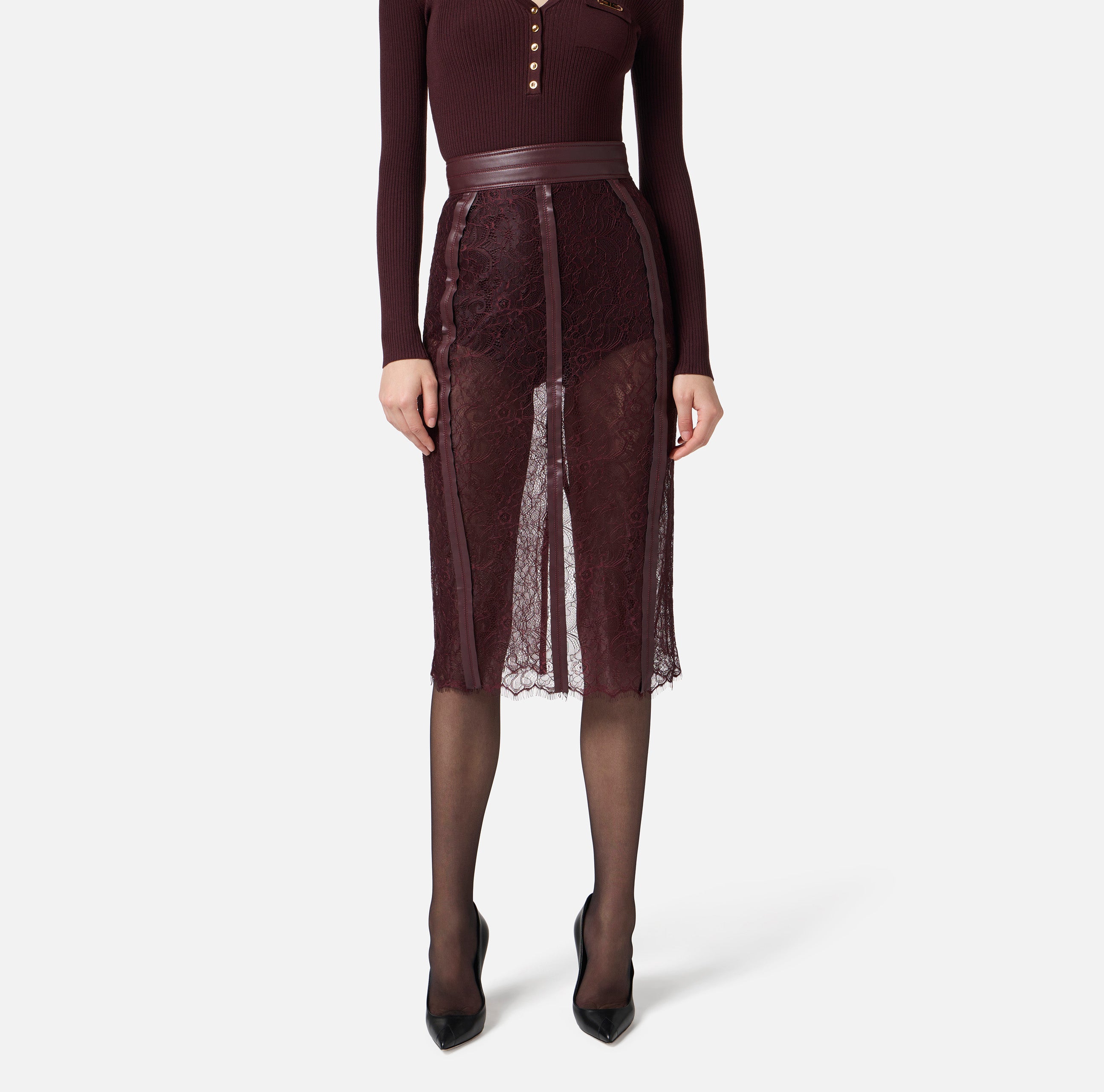 ELISABETTA FRANCHI GONNA Midi Pizzo Floreale-Merlot