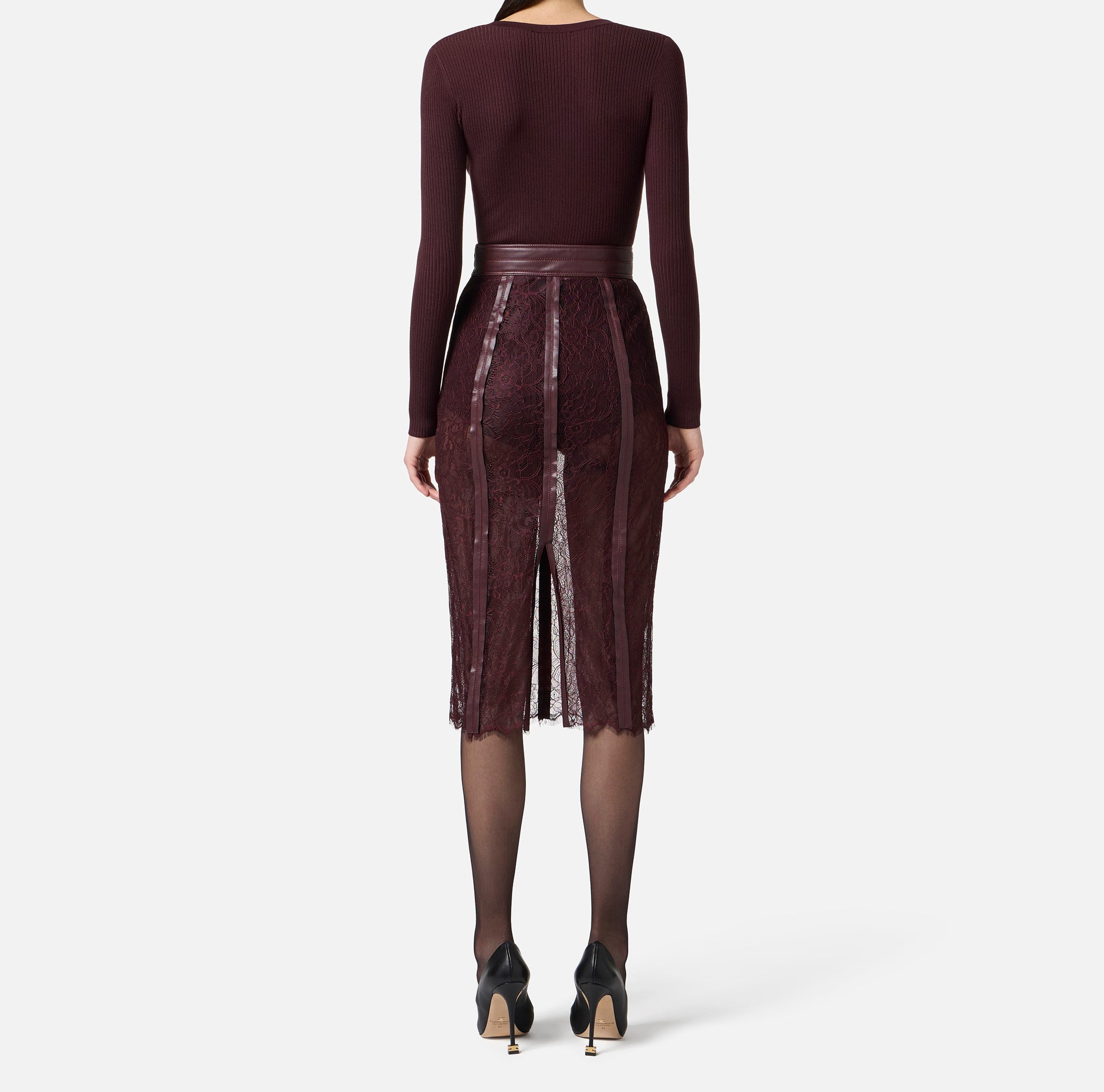 ELISABETTA FRANCHI GONNA Midi Pizzo Floreale-Merlot