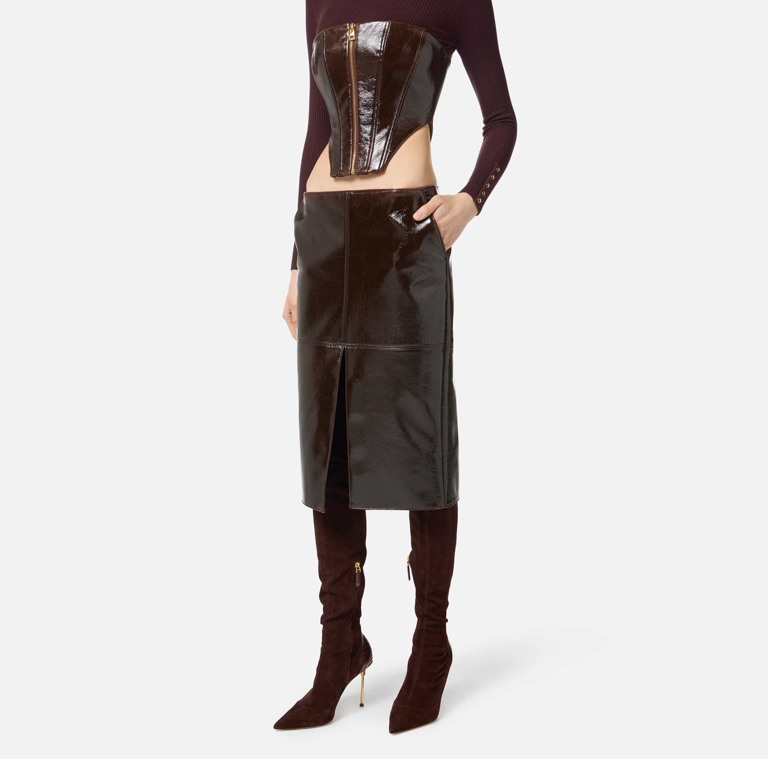ELISABETTA FRANCHI Gonna Midi Panno Spalmato-Coffee