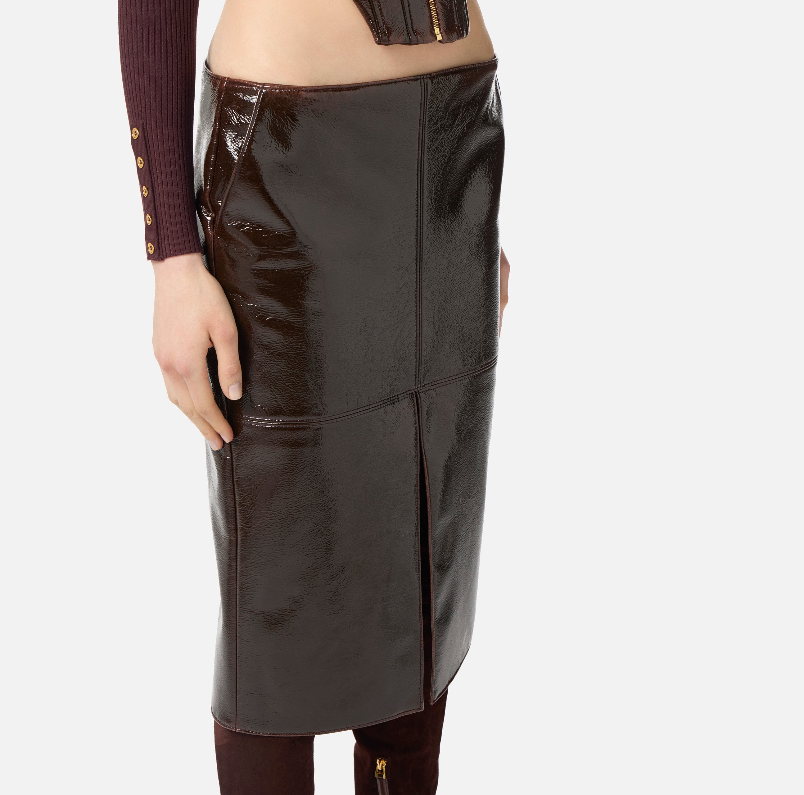 ELISABETTA FRANCHI Gonna Midi Panno Spalmato-Coffee