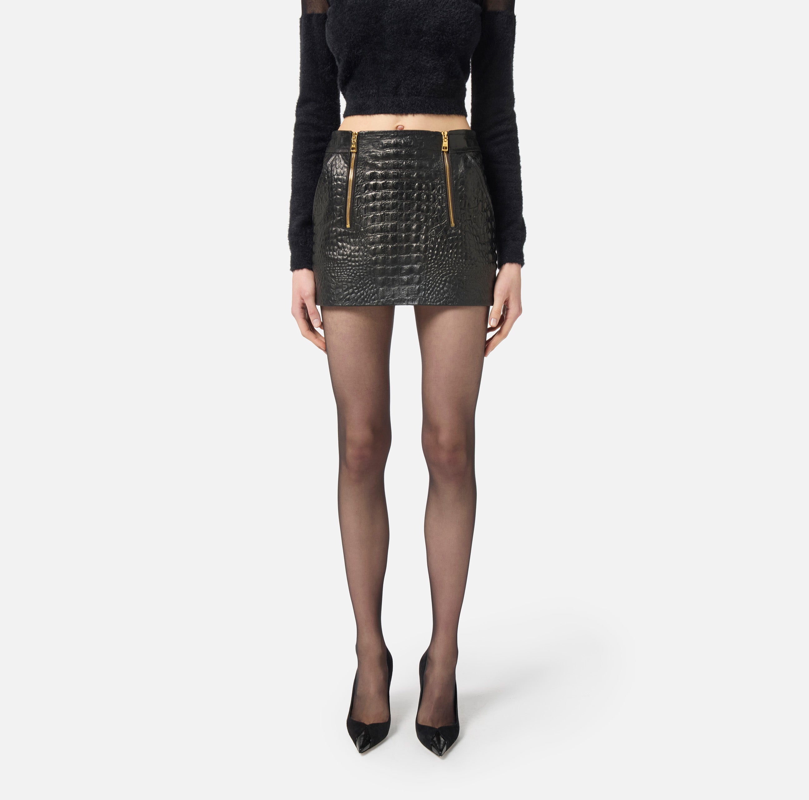 ELISABETTA FRANCHI Gonna Corta Pelle Coccodrillo-Nero