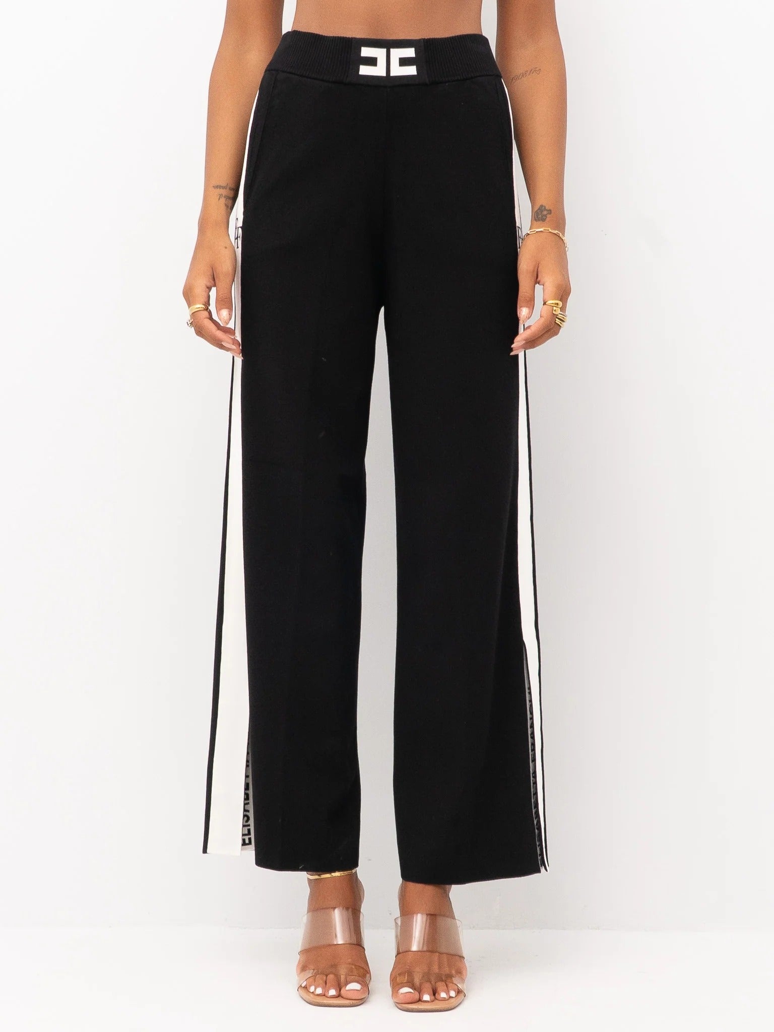 ELISABETTA FRANCHI Pantalone Maglia Viscosa Bande Logo-Nero Milk