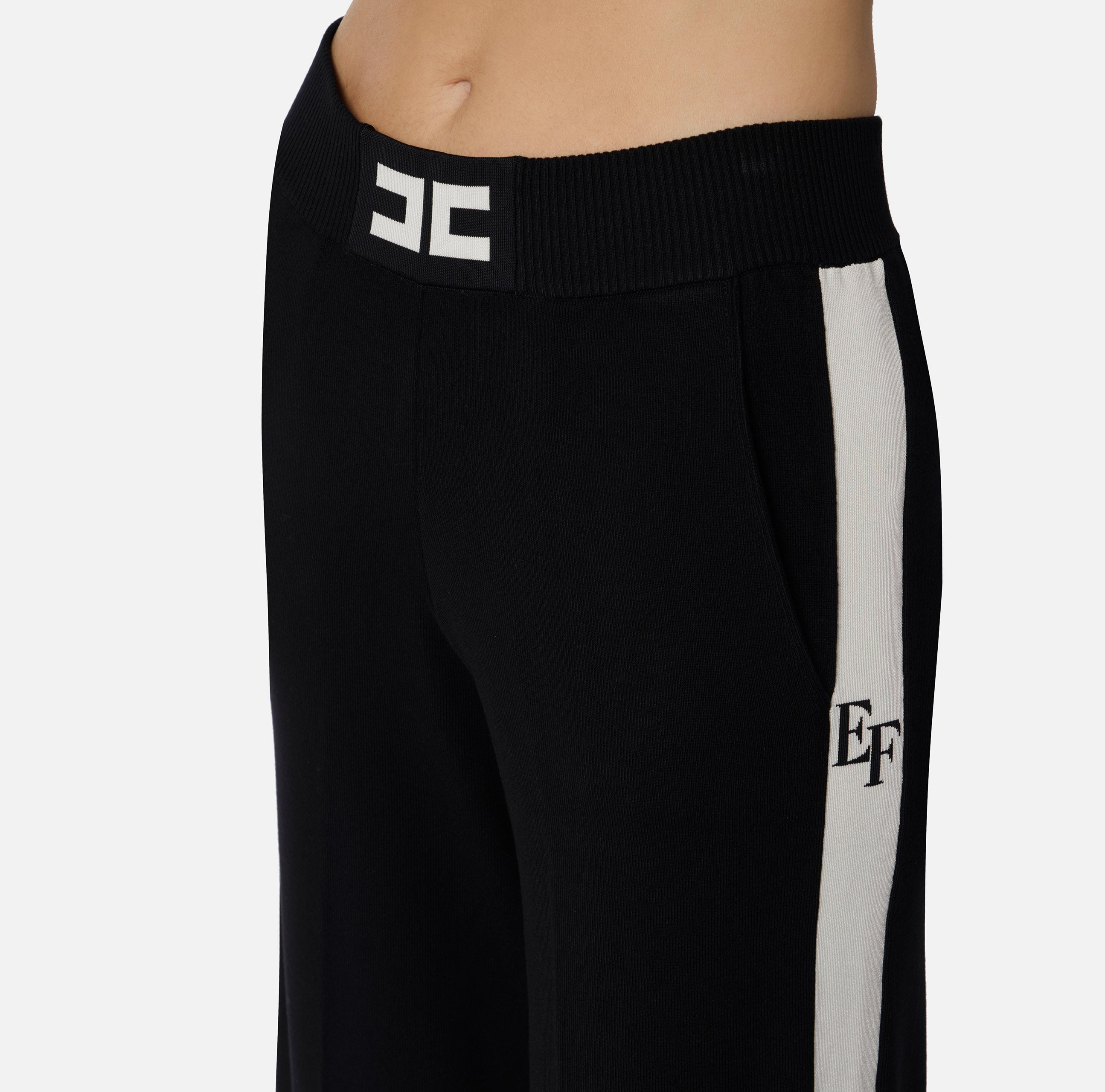 ELISABETTA FRANCHI Pantalone Maglia Viscosa Bande Logo-Nero Milk