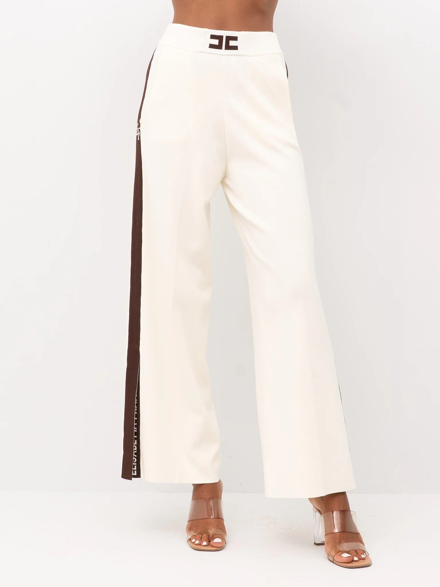 ELISABETTA FRANCHI Pantalone Maglia Viscosa Bande Logo-Milk Coffee