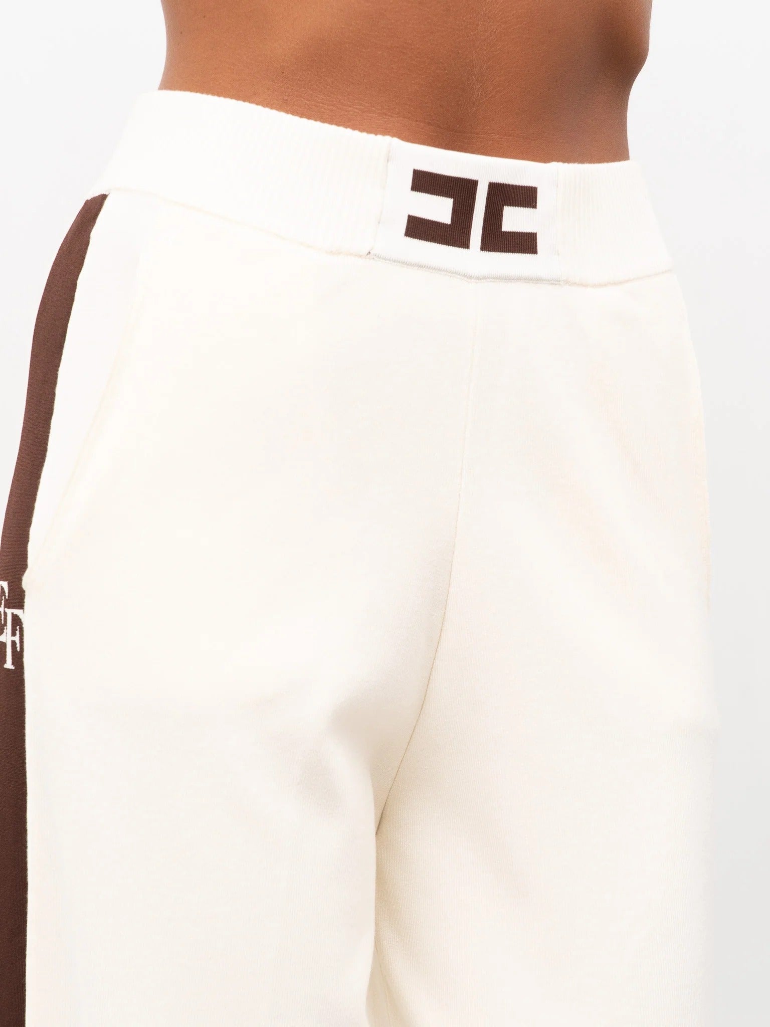 ELISABETTA FRANCHI Pantalone Maglia Viscosa Bande Logo-Milk Coffee