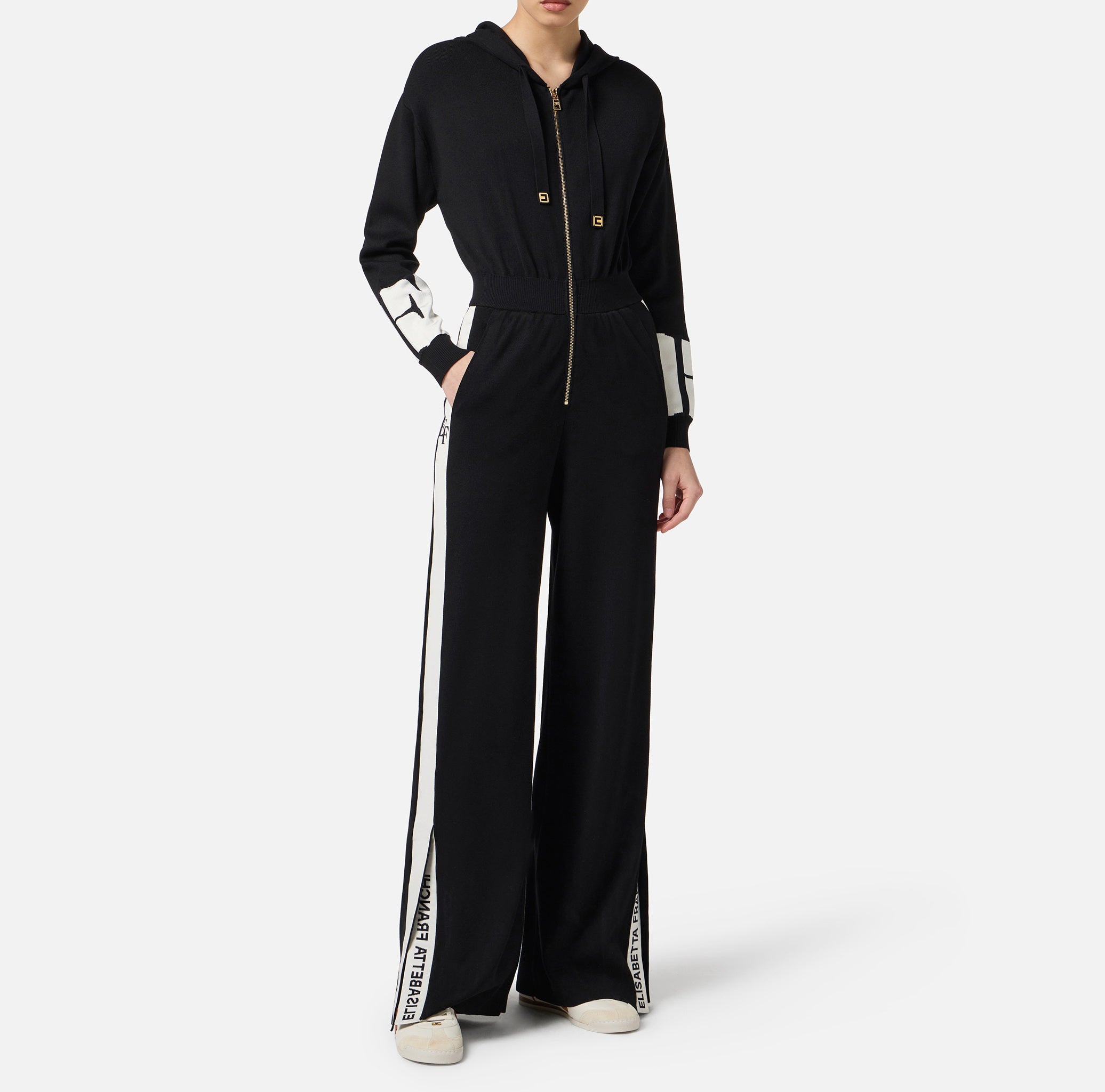 ELISABETTA FRANCHI Tuta Maglia Viscosa Bande Logo-Nero Milk