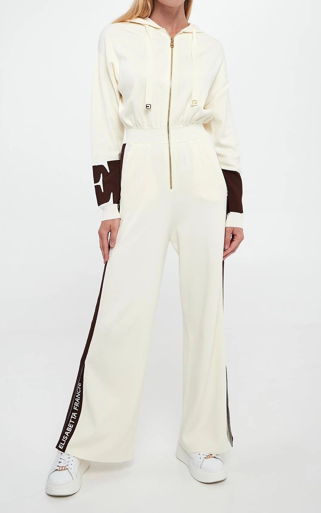 ELISABETTA FRANCHI Tuta Maglia Viscosa Bande Logo-Milk Coffe
