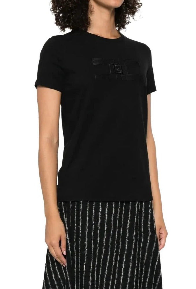 ELISABETTA FRANCHI T-Shirt Jersey Cotone Doppio Logo-Nero