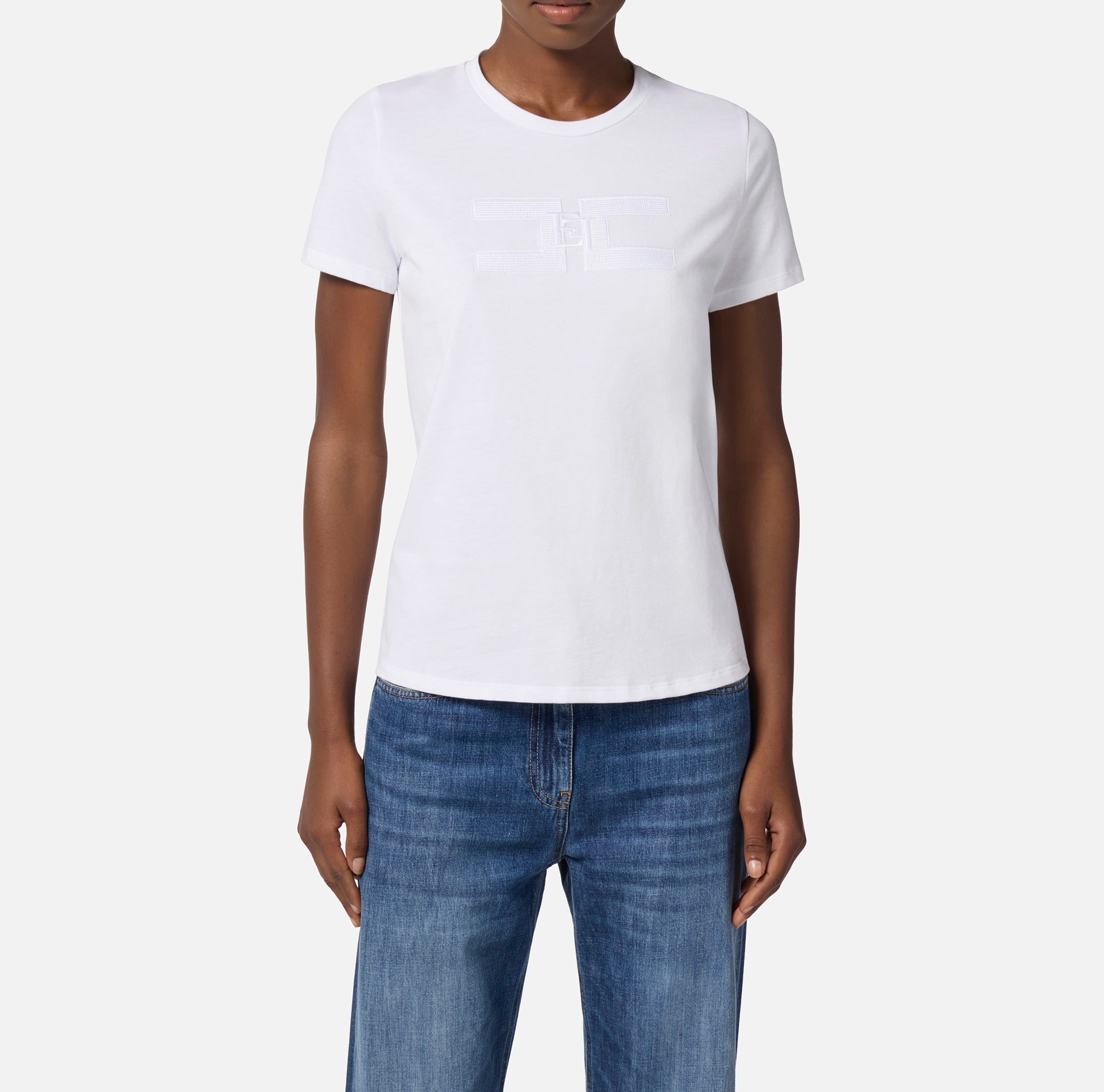 ELISABETTA FRANCHI T-Shirt Jersey Cotone Doppio Logo-Gesso