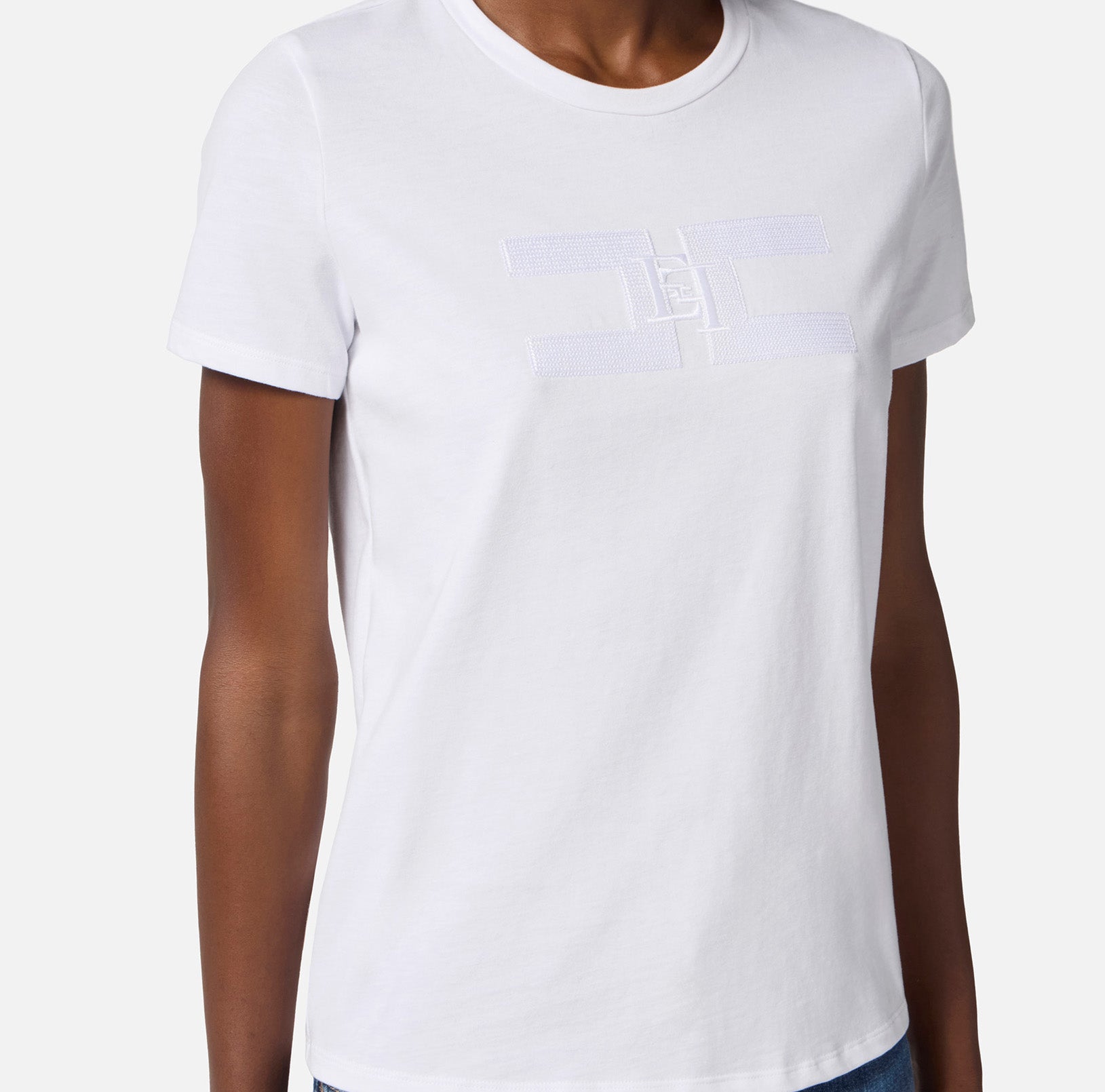 ELISABETTA FRANCHI T-Shirt Jersey Cotone Doppio Logo-Gesso