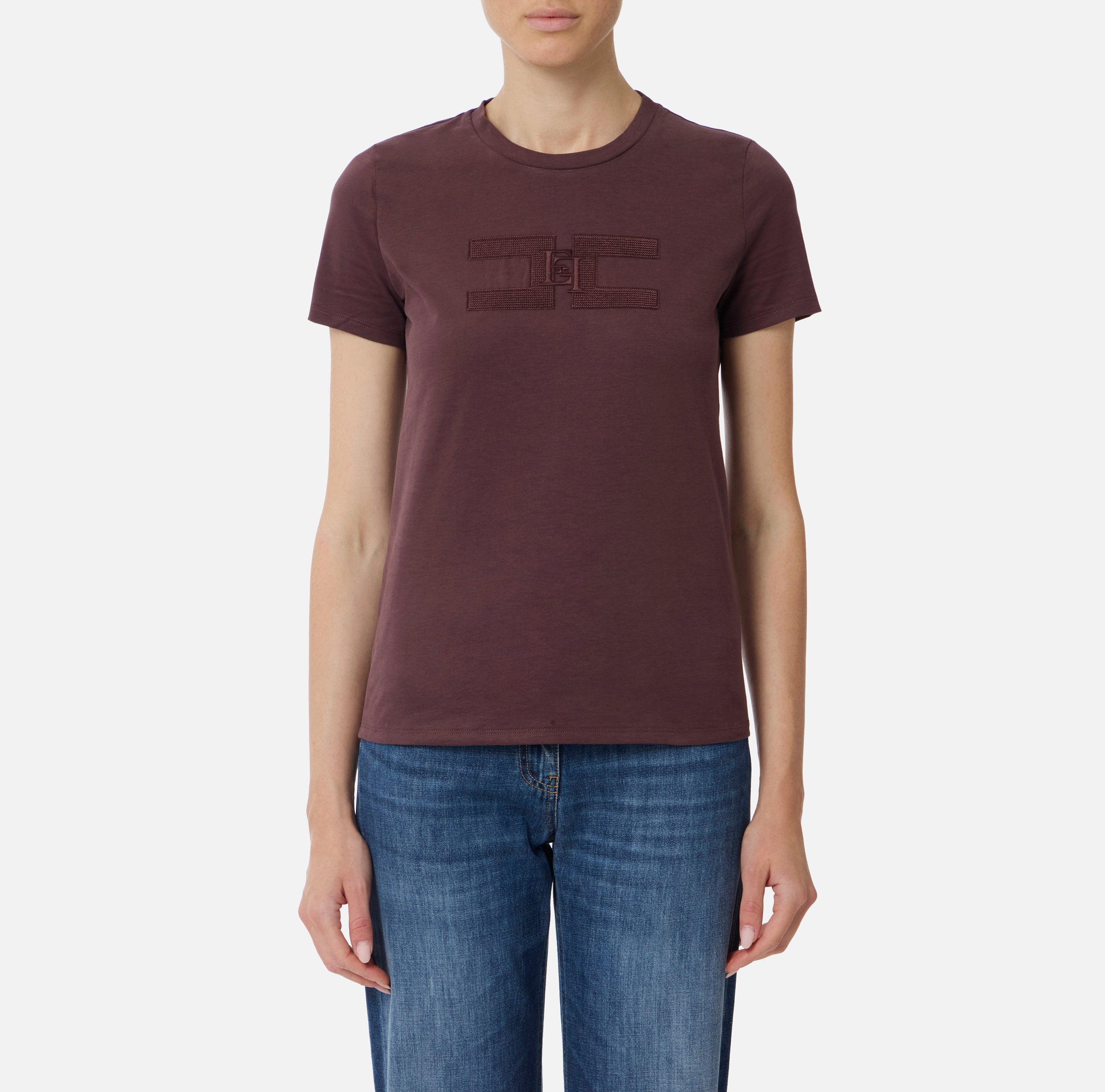 ELISABETTA FRANCHI T-Shirt Jersey Cotone Doppio Logo-Merlot