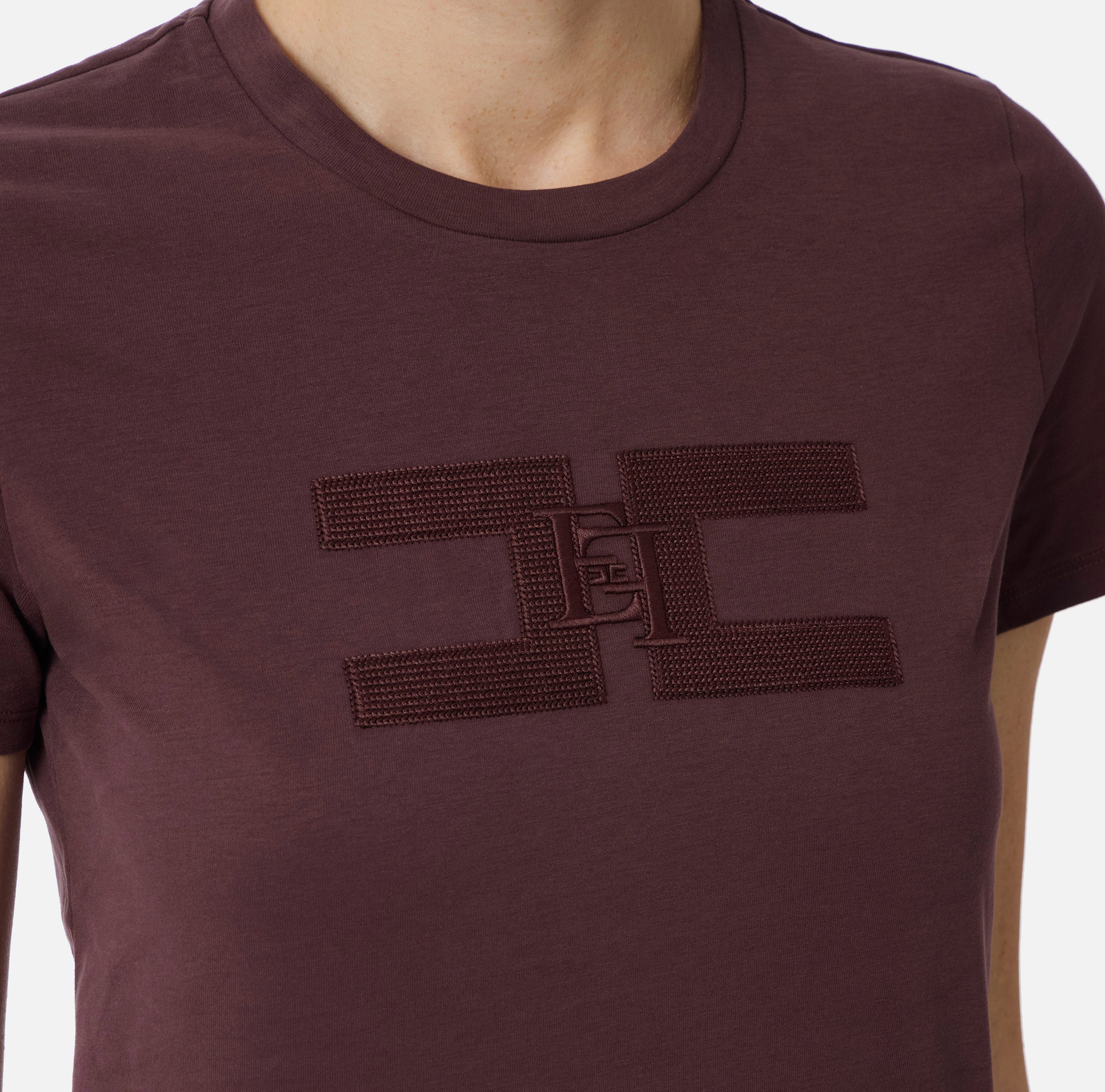 ELISABETTA FRANCHI T-Shirt Jersey Cotone Doppio Logo-Merlot