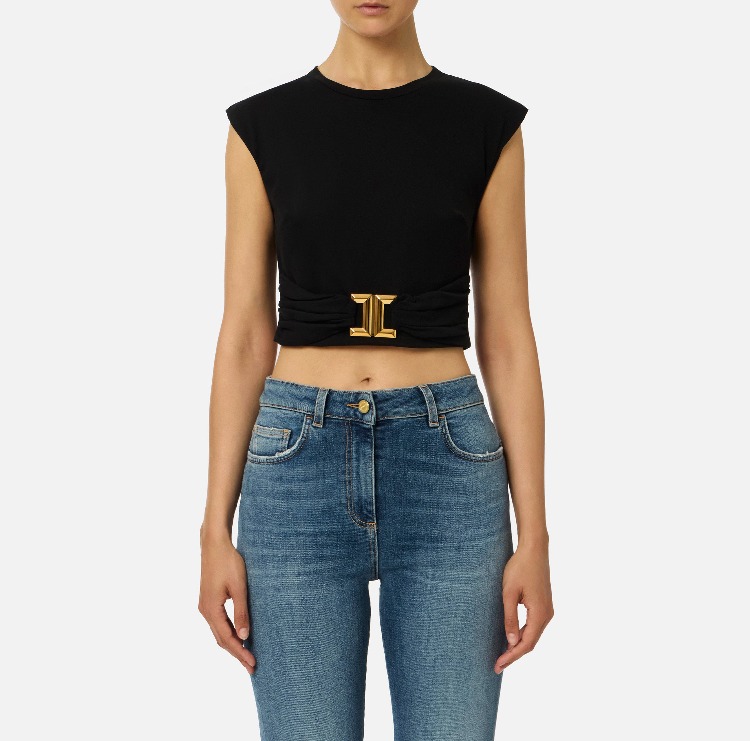 ELISABETTA FRANCHI T-Shirt Cropped Logo Gioiello-Nero