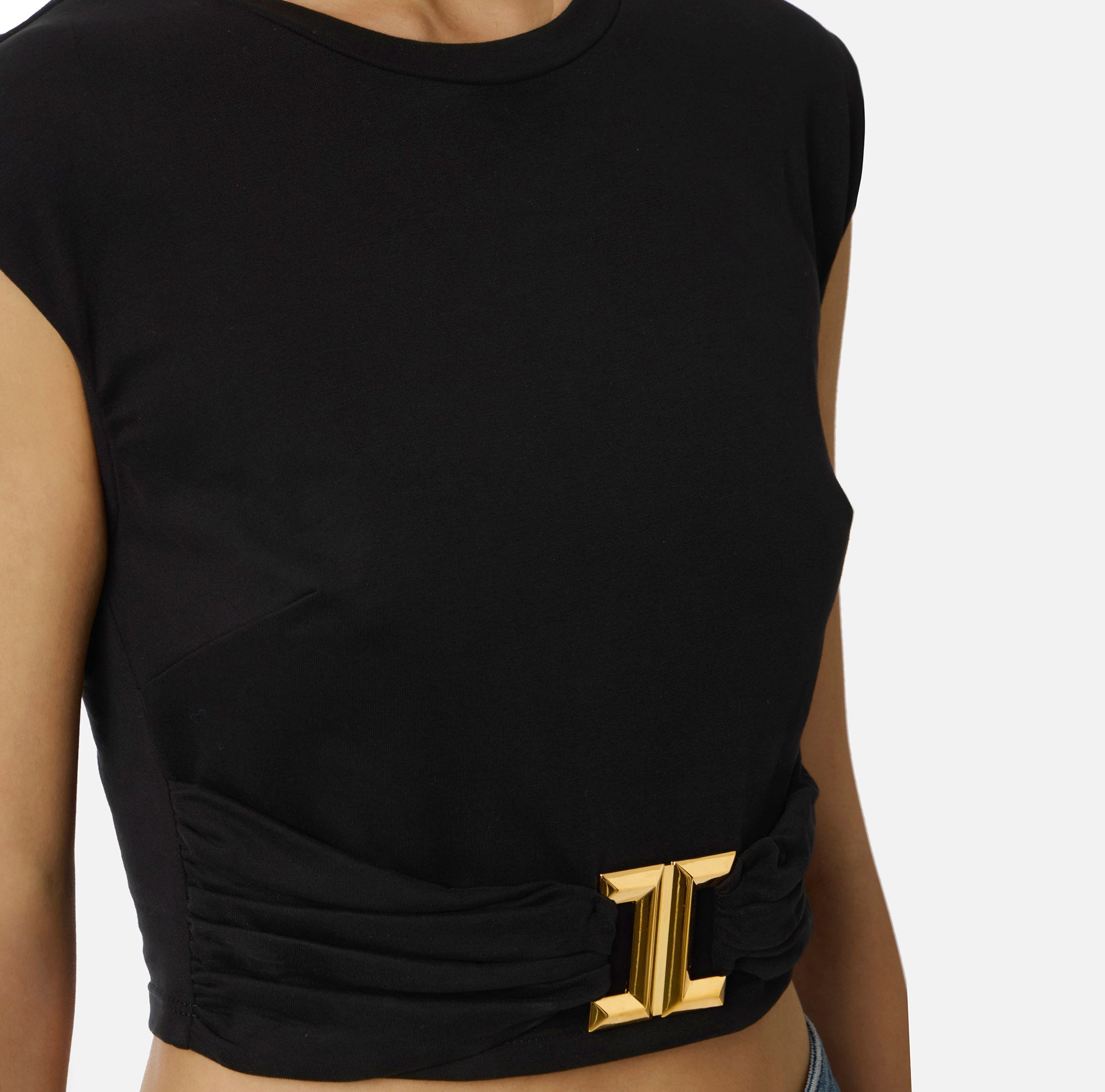ELISABETTA FRANCHI T-Shirt Cropped Logo Gioiello-Nero