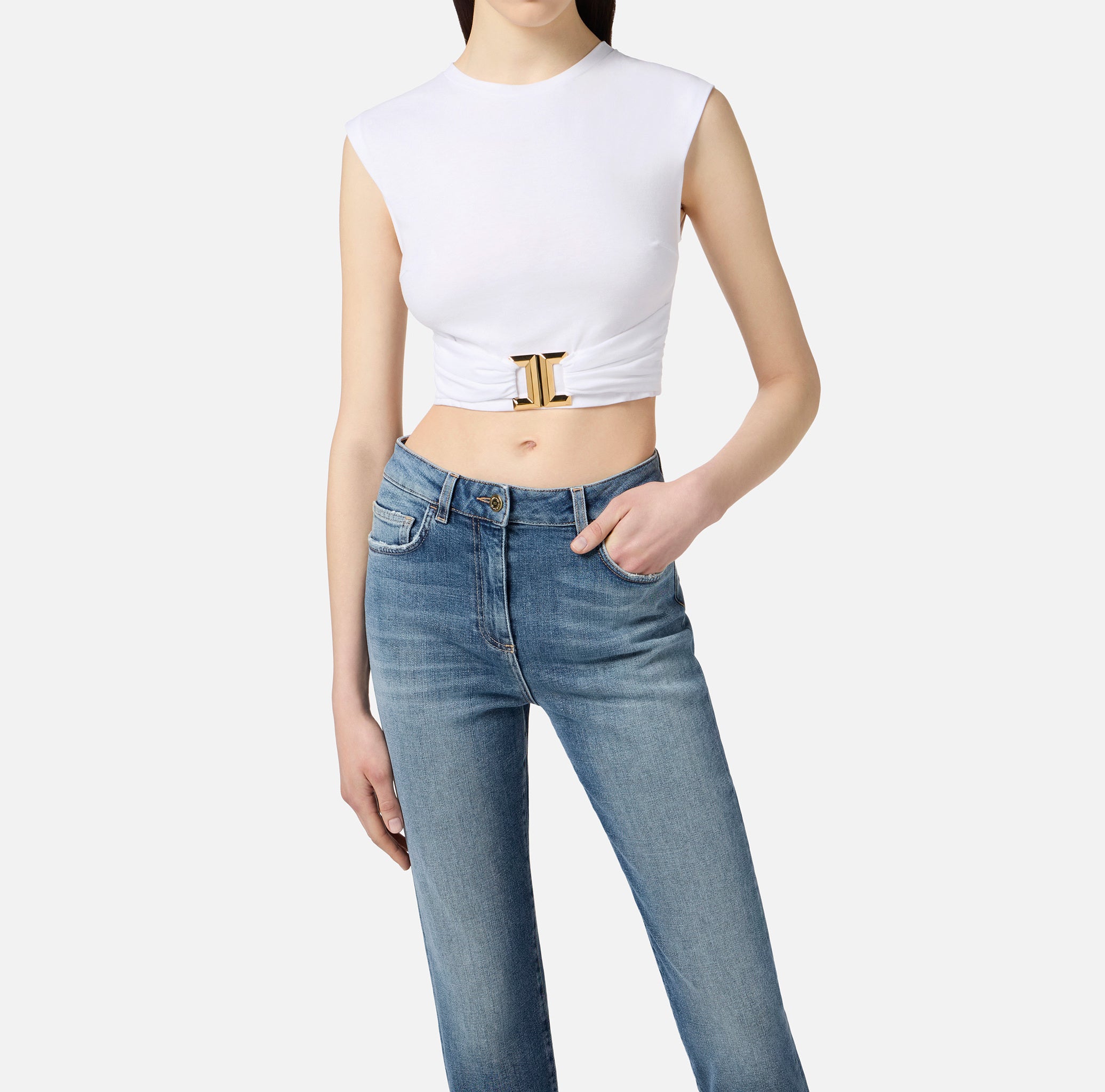 ELISABETTA FRANCHI T-Shirt Cropped Logo Gioiello-Gesso