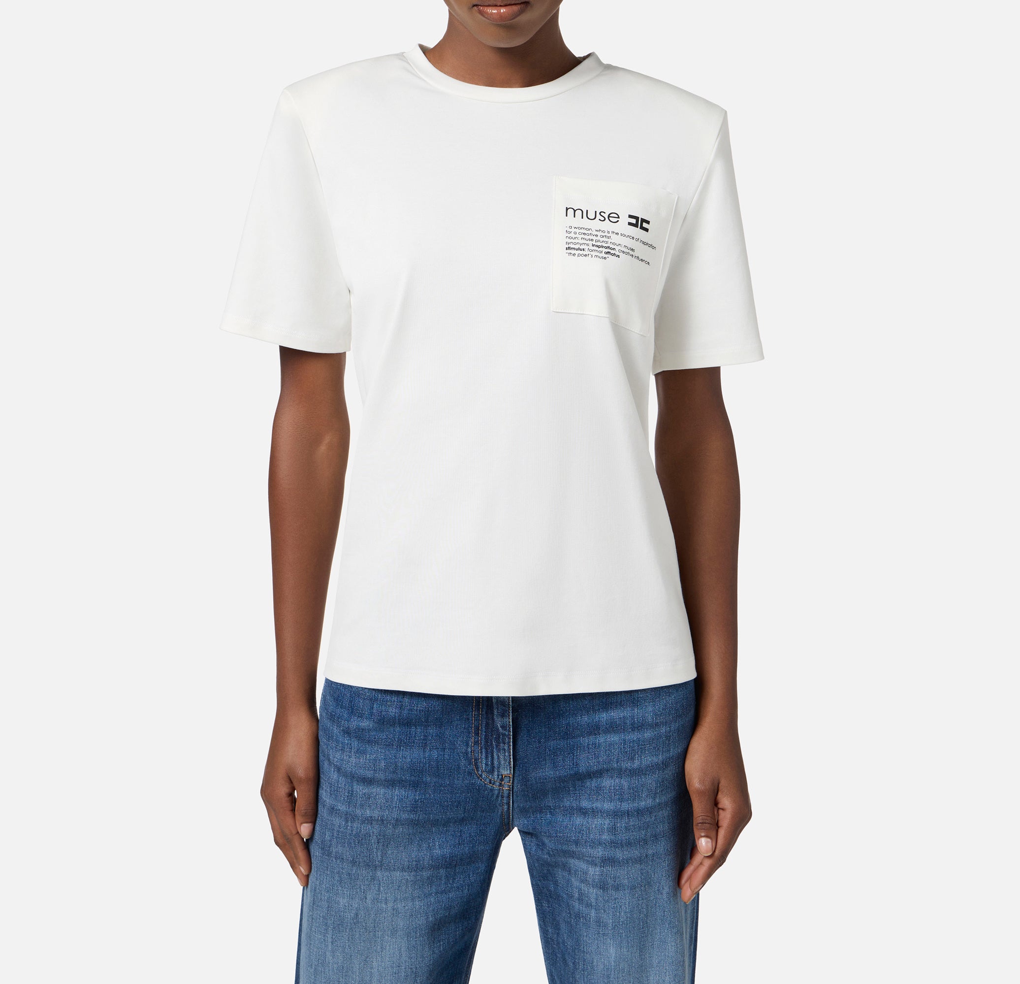 ELISABETTA FRANCHI T-Shirt Jersey Cotone Logo Lettering Muse-Gesso