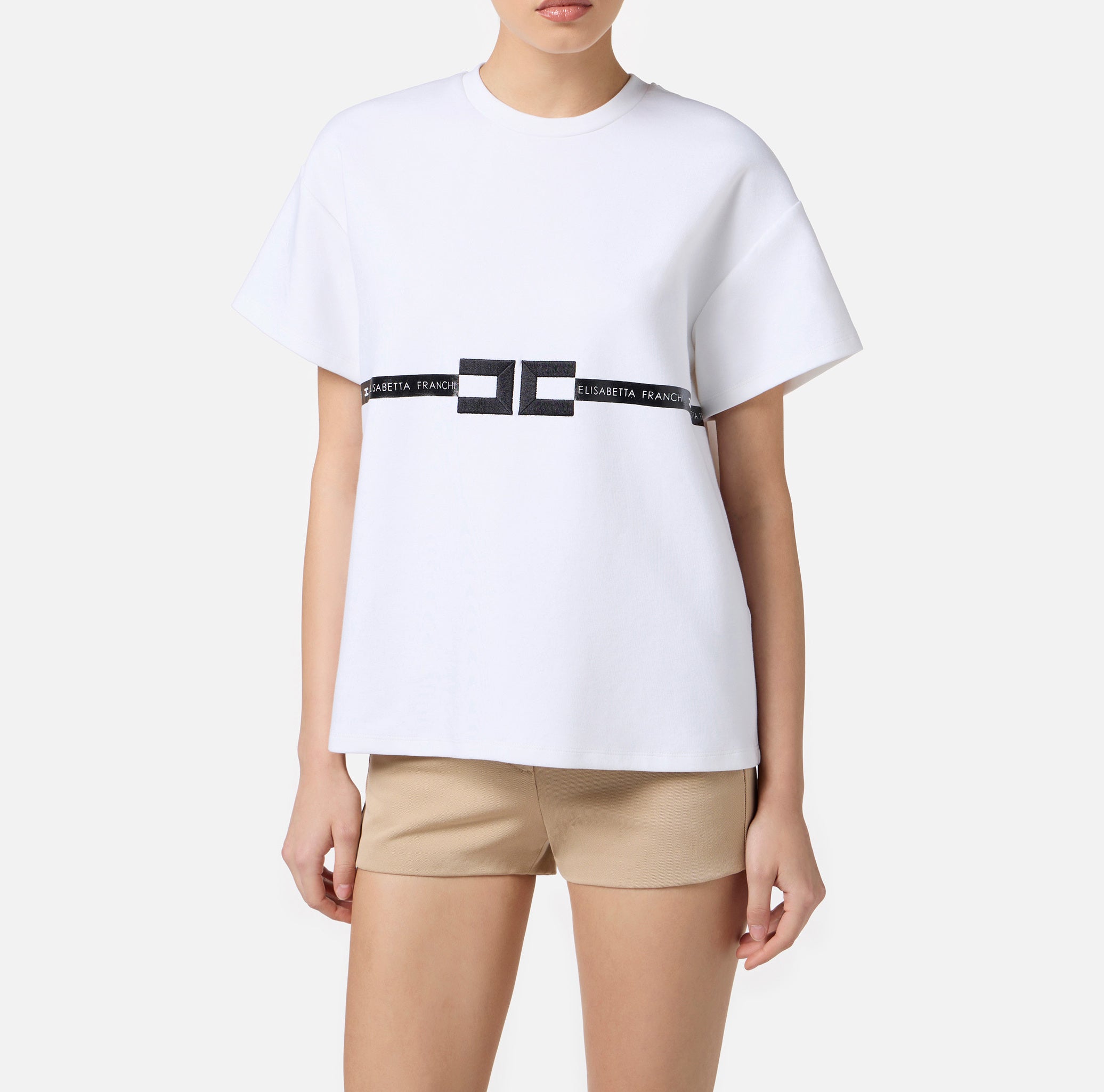 ELISABETTA FRANCHI T-Shirt Jersey Cotone Banda Logo-Gesso
