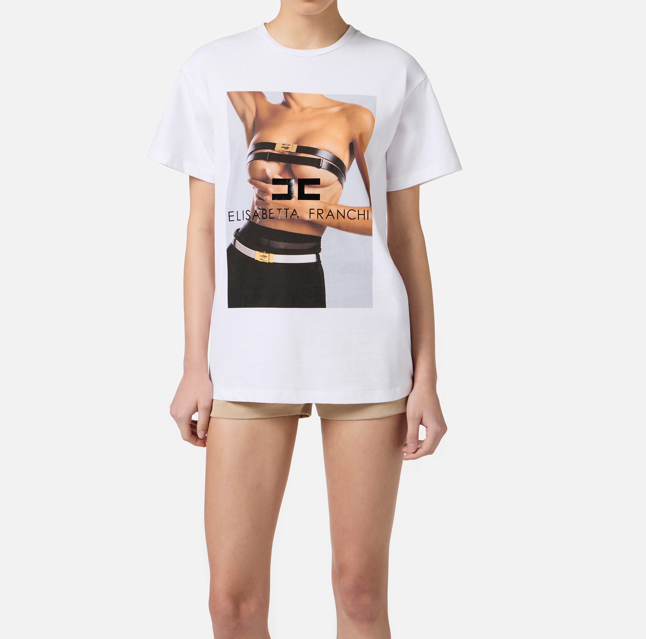 ELISABETTA FRANCHI T-Shirt Stampa Fotografica-Gesso