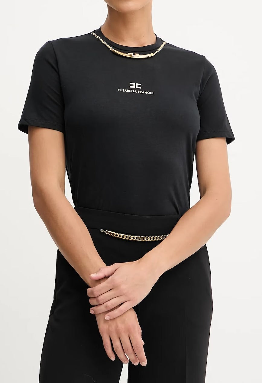 ELISABETTA FRANCHI T-Shirt Jersey Cotone Collana-Nero