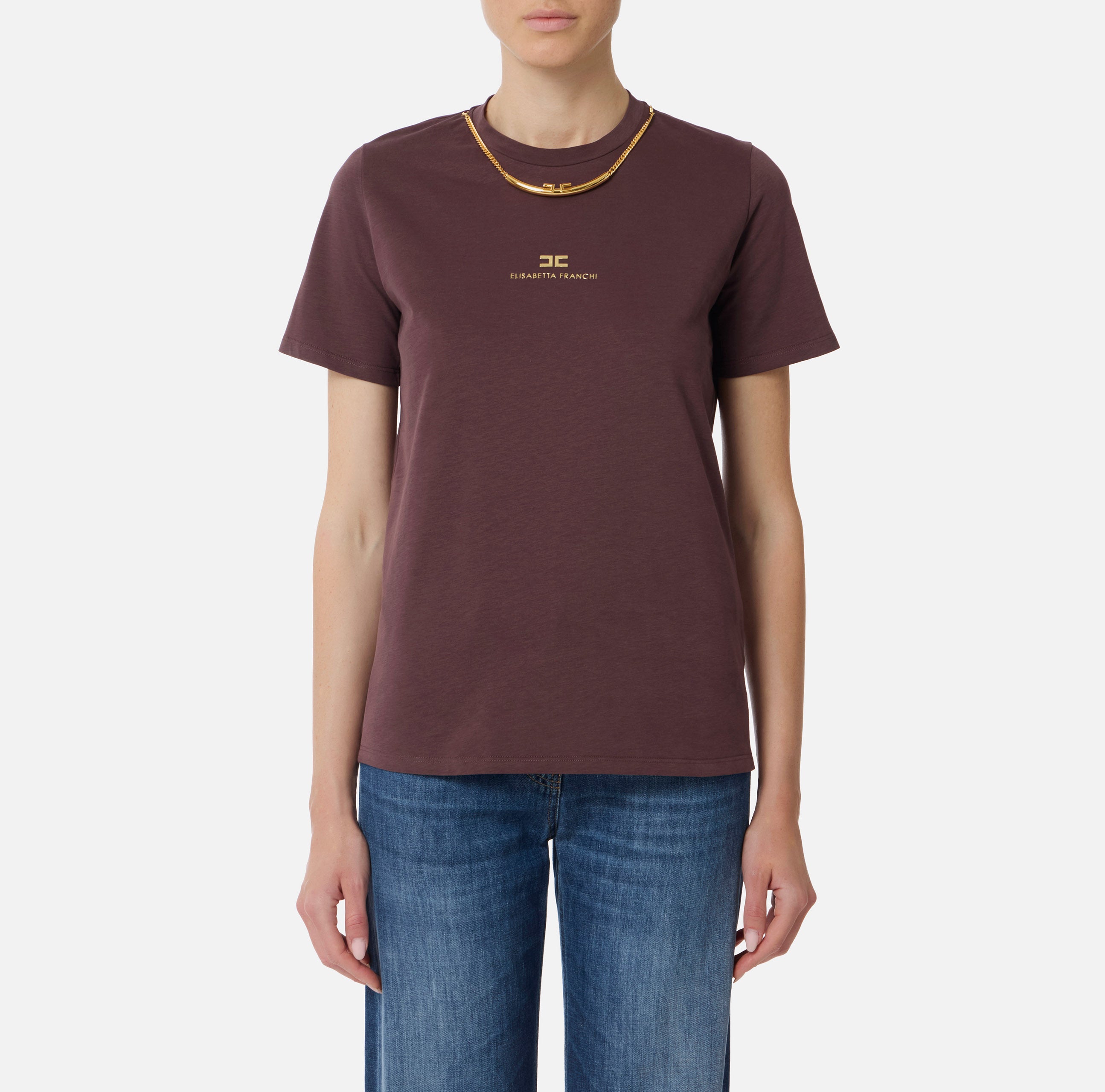 ELISABETTA FRANCHI T-Shirt Jersey Cotone Collana-Merlot