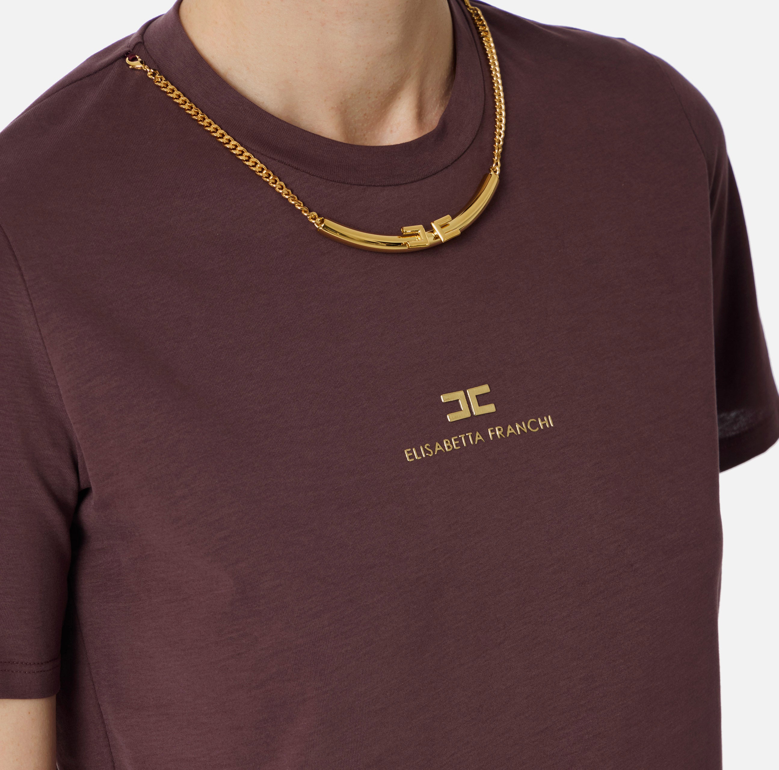 ELISABETTA FRANCHI T-Shirt Jersey Cotone Collana-Merlot