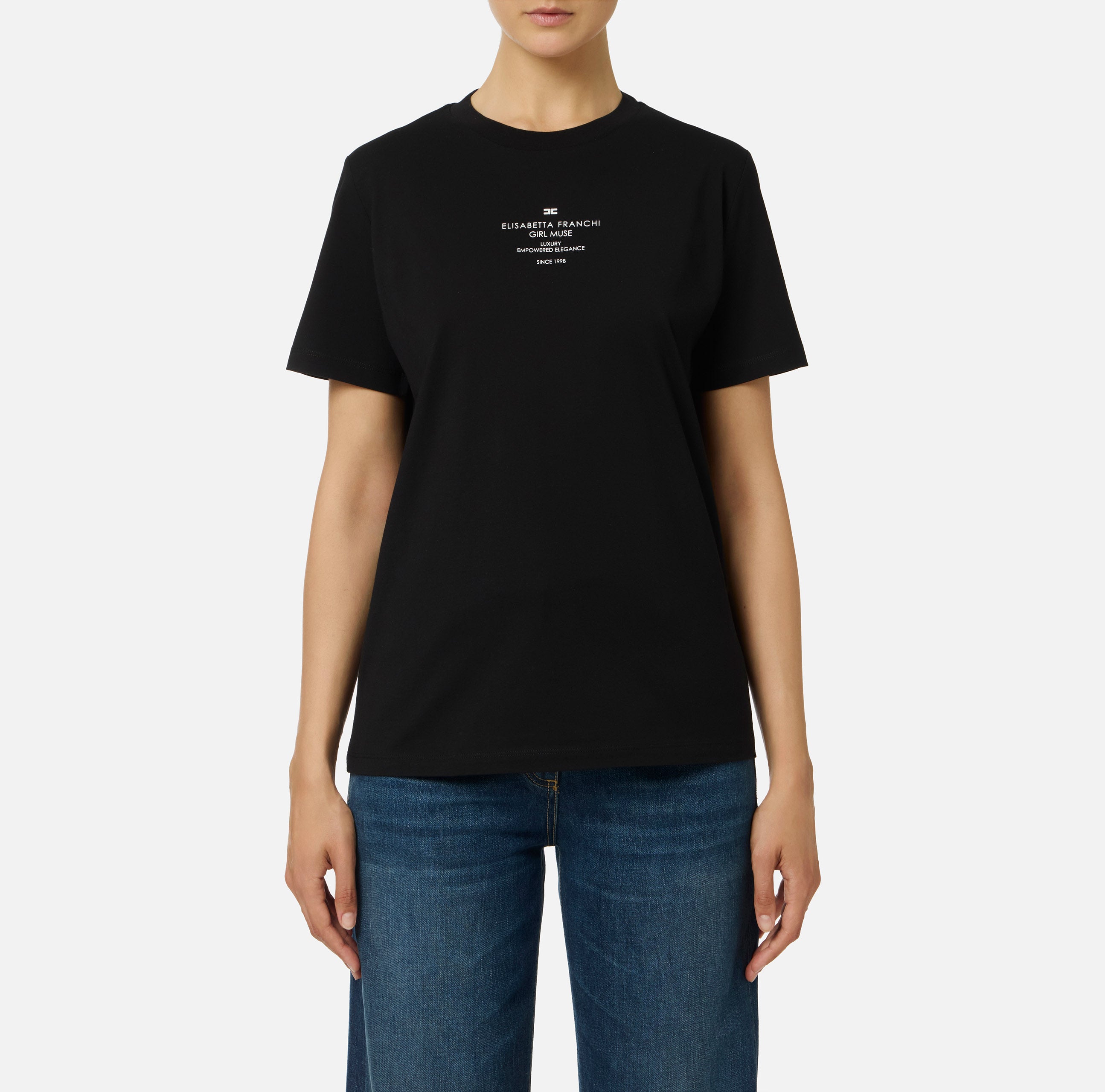 ELISABETTA FRANCHI T-Shirt Jersey Cotone Stampa-Nero