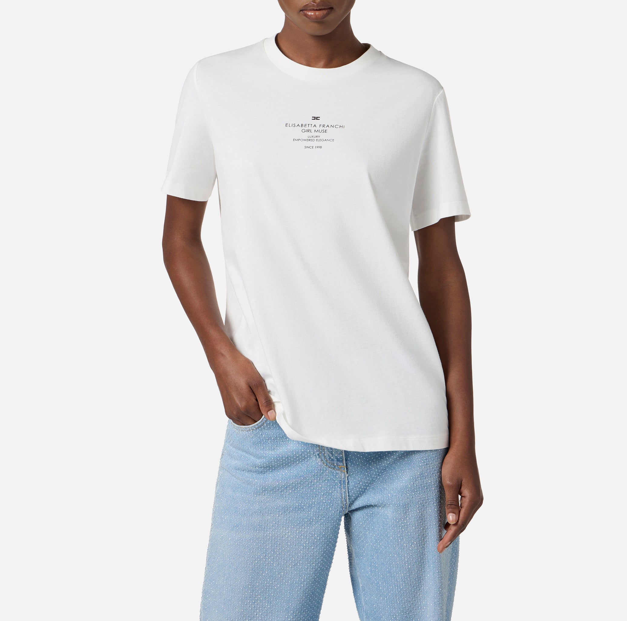 ELISABETTA FRANCHI T-Shirt Jersey Cotone Stampa-Gesso