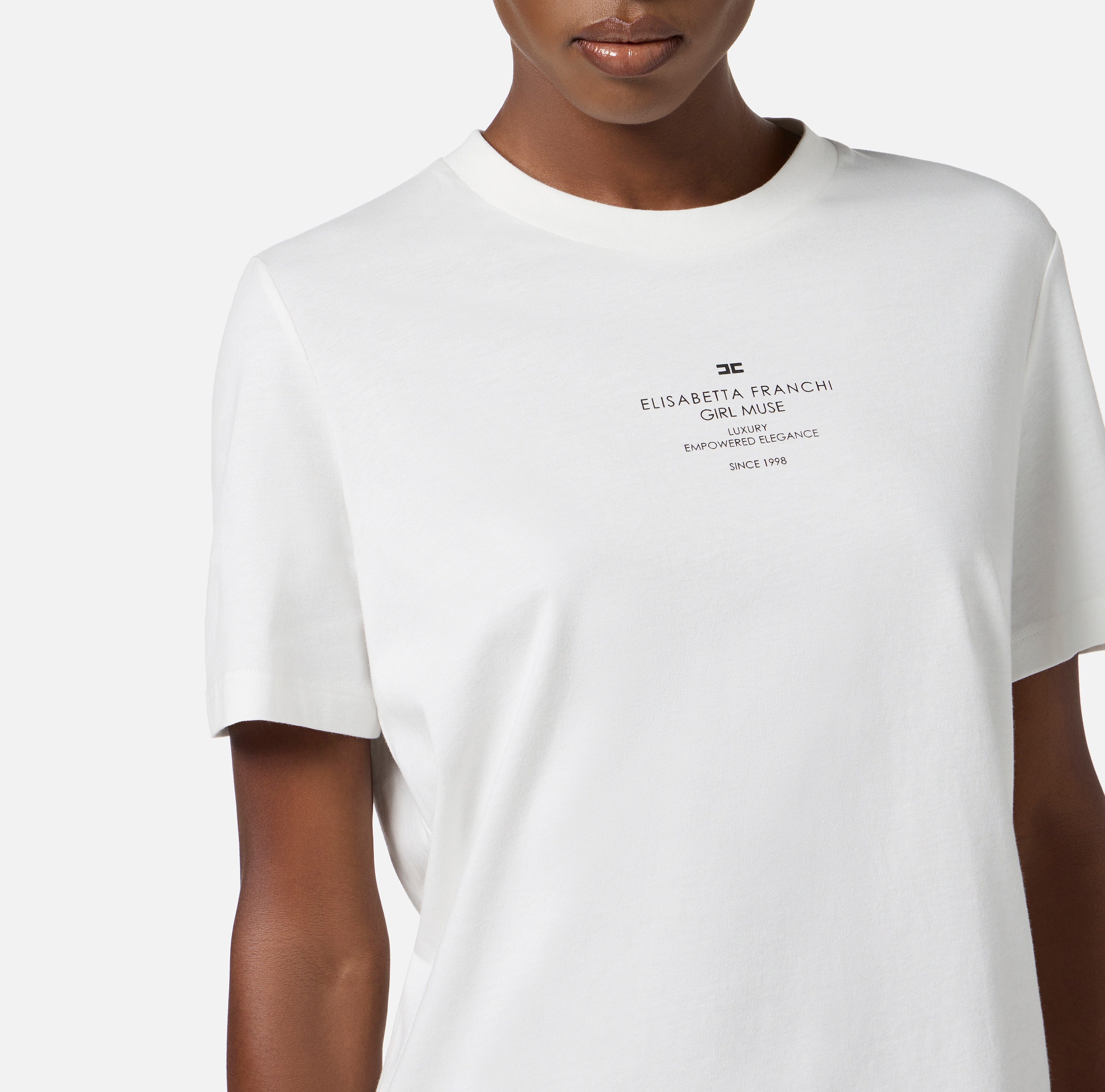 ELISABETTA FRANCHI T-Shirt Jersey Cotone Stampa-Gesso