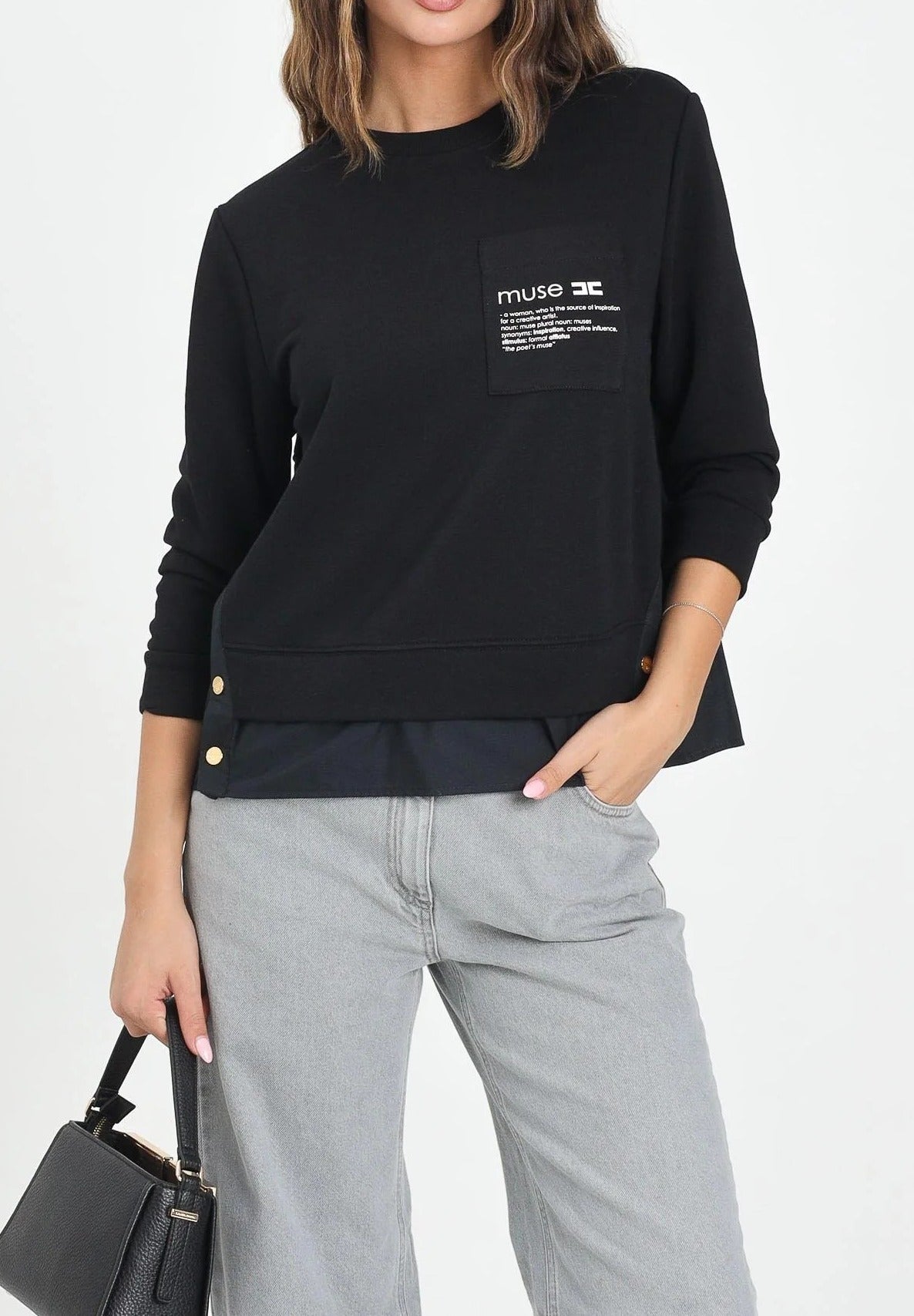 ELISABETTA FRANCHI Felpa Cotone Popeline Logo Lettering Muse-Nero