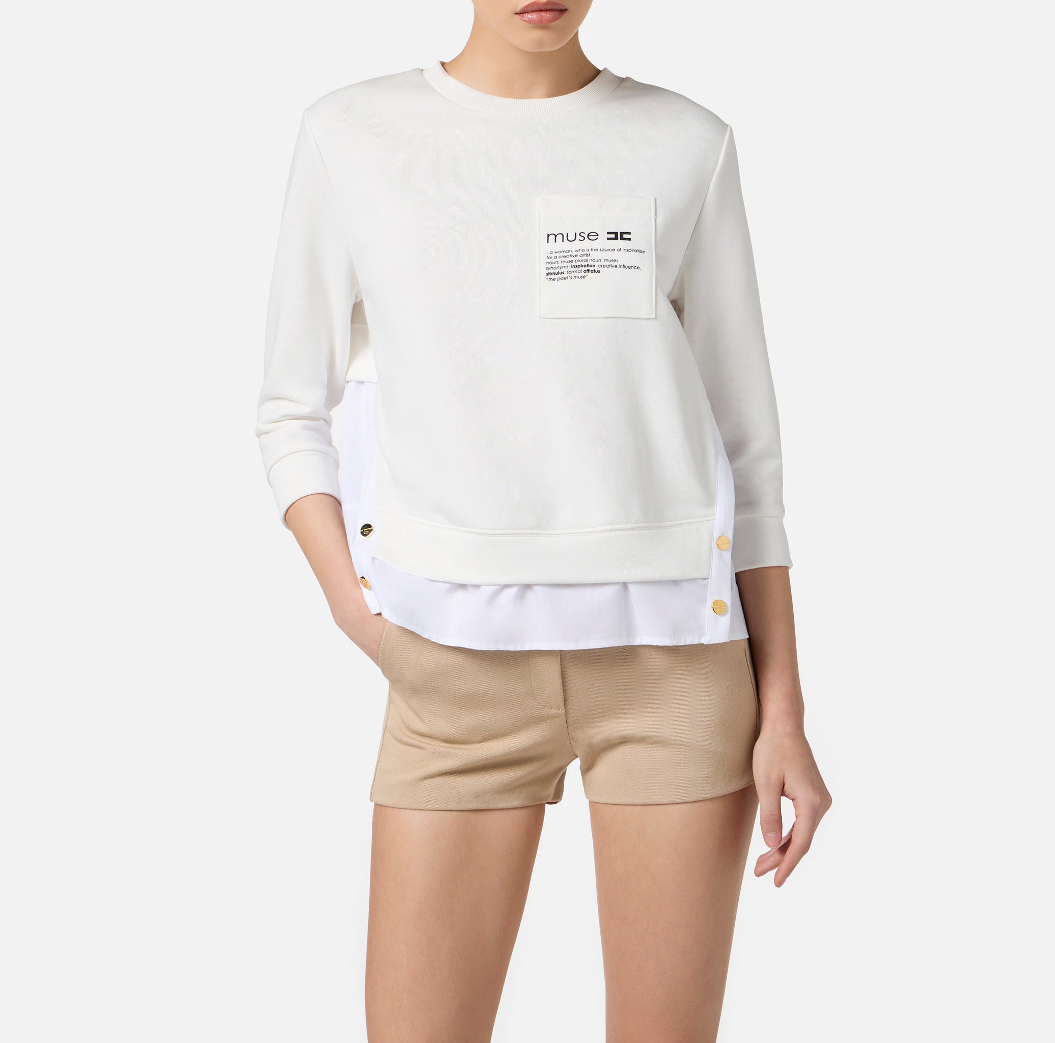ELISABETTA FRANCHI Felpa Cotone Popeline Logo Lettering Muse-Avorio