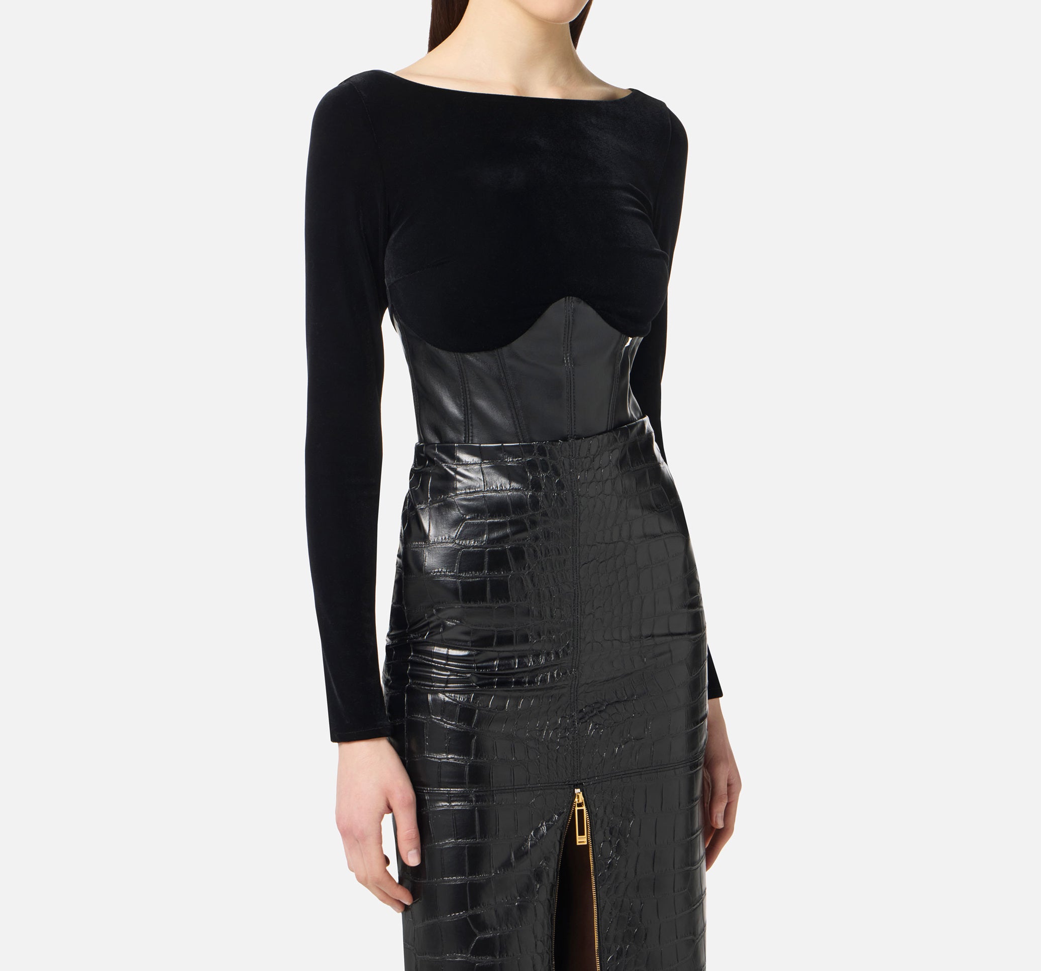 ELISABETTA FRANCHI Maglia Bustier Velluto Ecopelle-Nero
