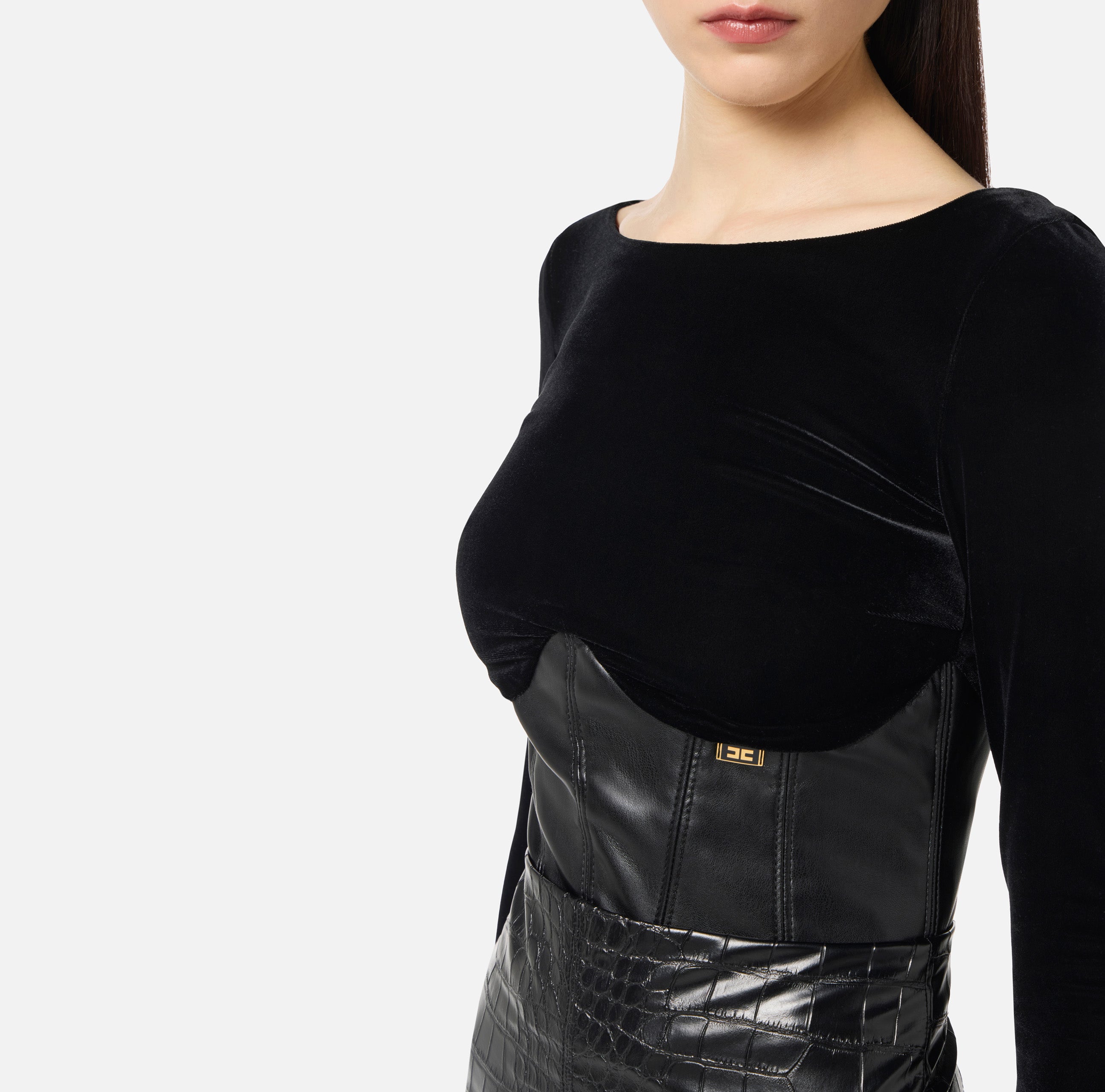 ELISABETTA FRANCHI Maglia Bustier Velluto Ecopelle-Nero