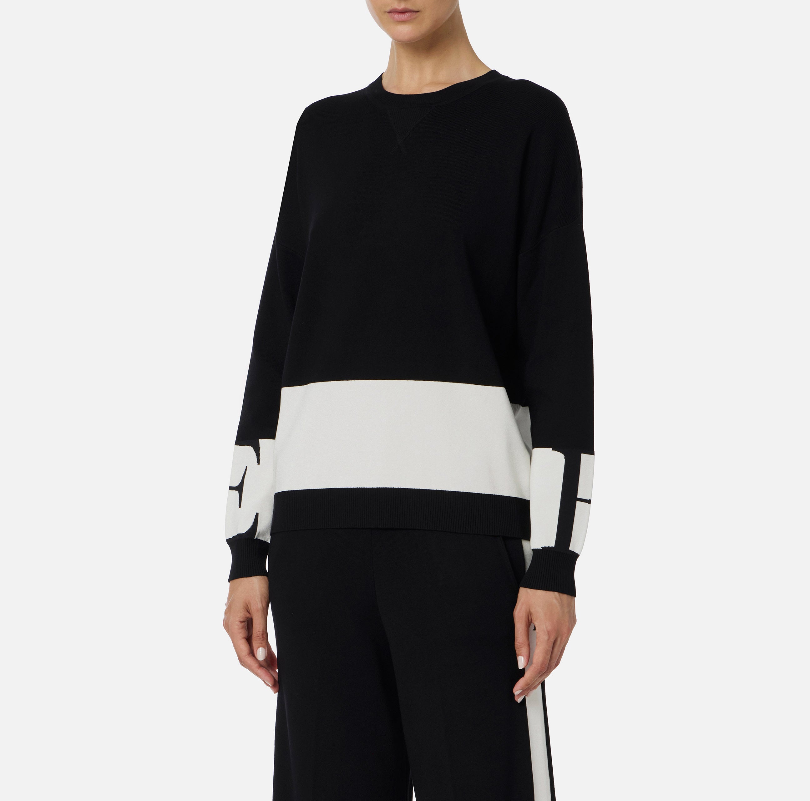 ELISABETTA FRANCHI Felpa Viscosa Bande Logo-Nero Milk
