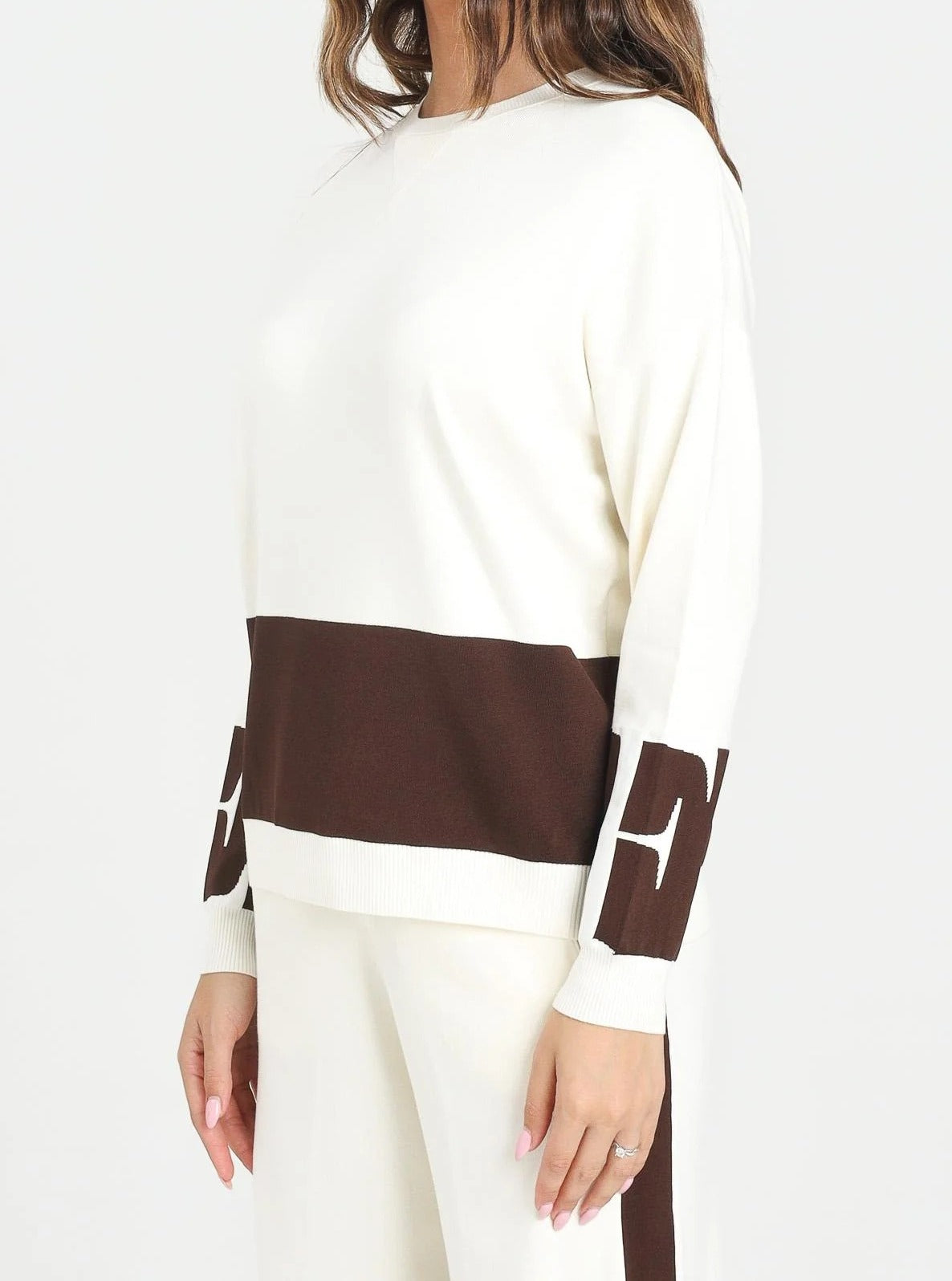 ELISABETTA FRANCHI Felpa Viscosa Bande Logo-Milk Coffee