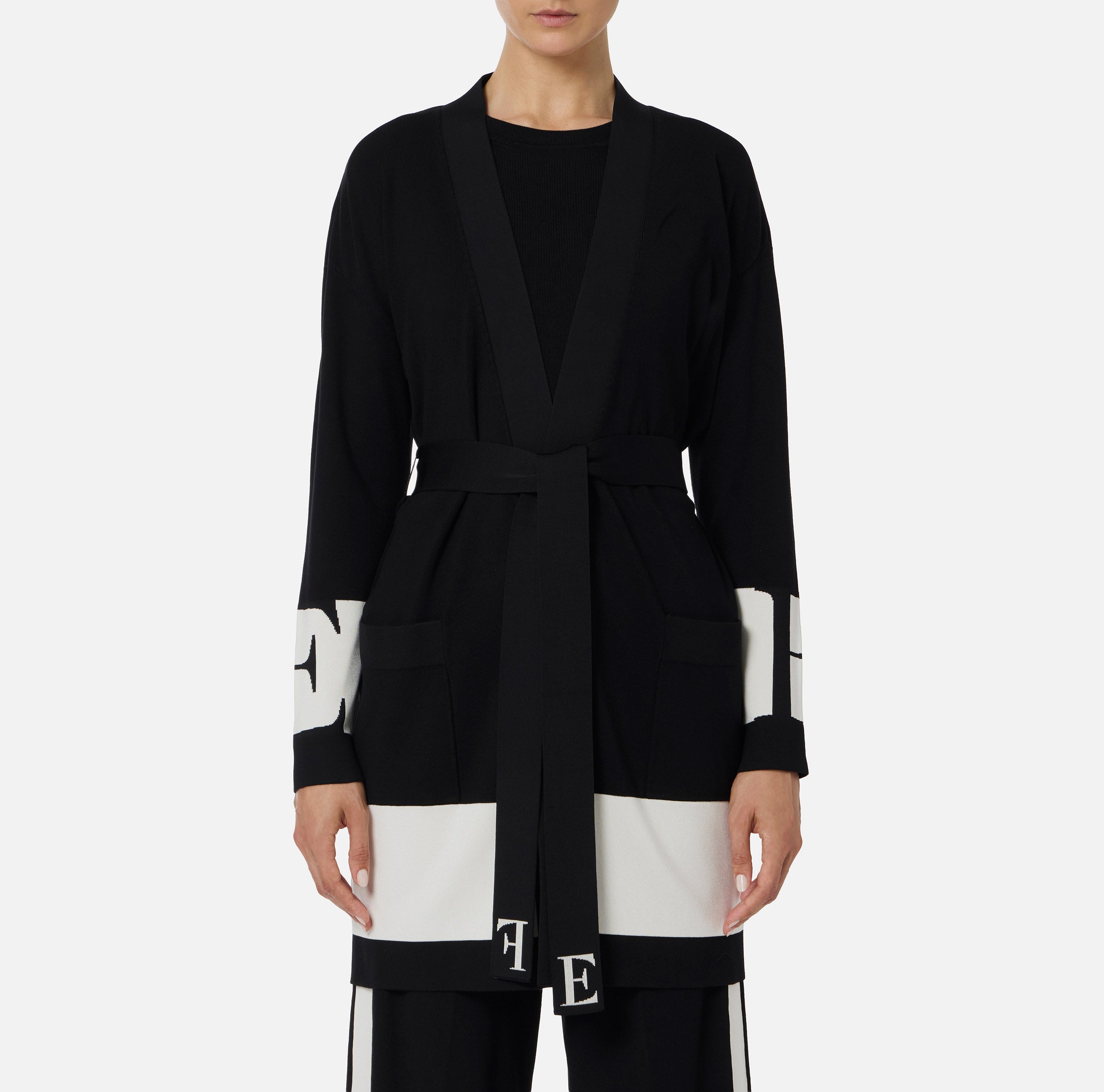 ELISABETTA FRANCHI Cardigan Viscosa Bande Logo-Nero Milk