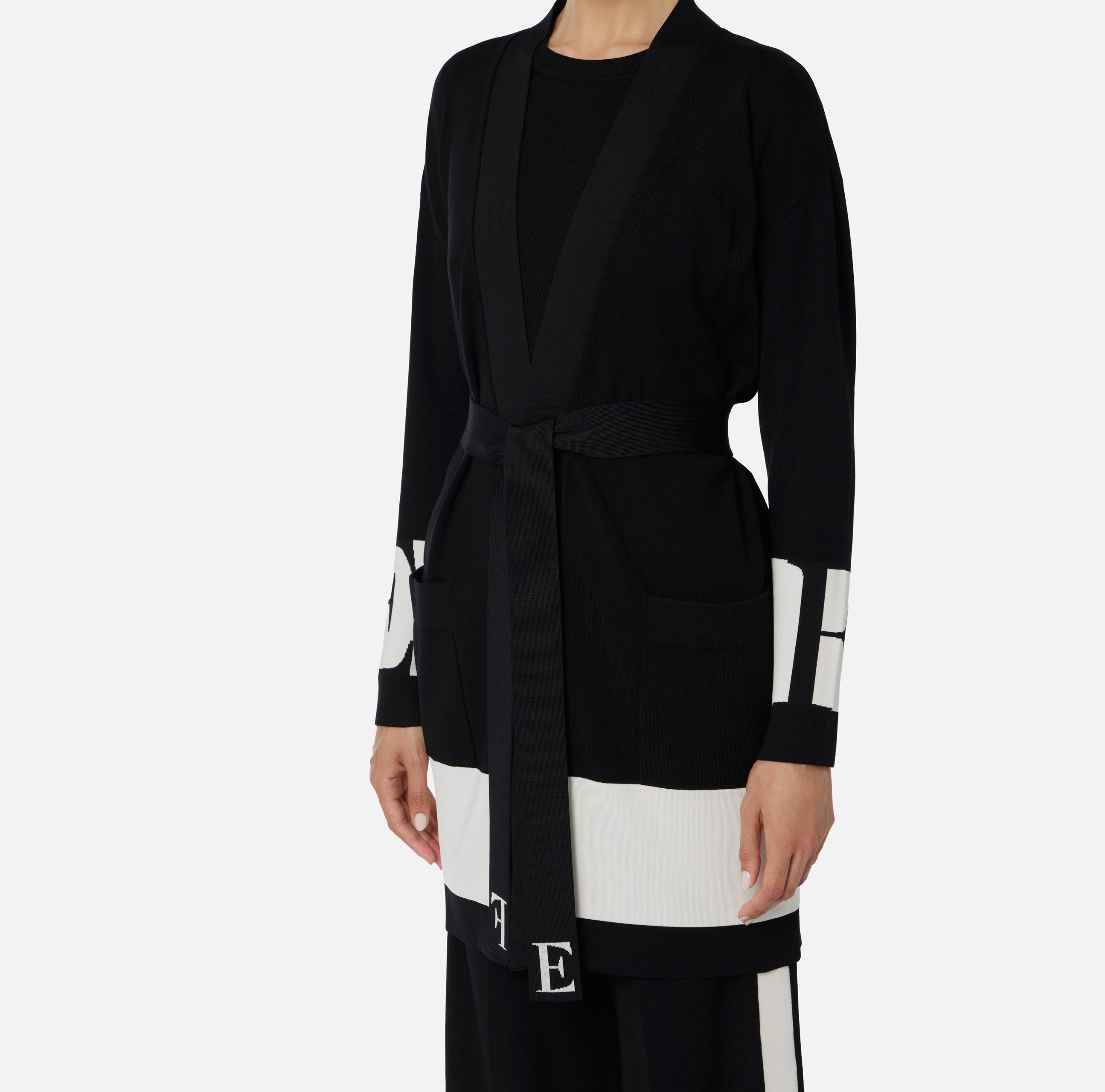 ELISABETTA FRANCHI Cardigan Viscosa Bande Logo-Nero Milk