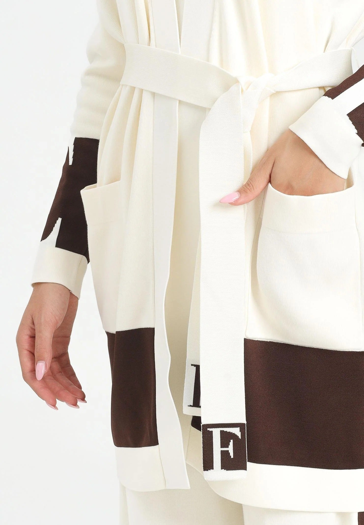 ELISABETTA FRANCHI Cardigan Viscosa Bande Logo-Milk Coffee