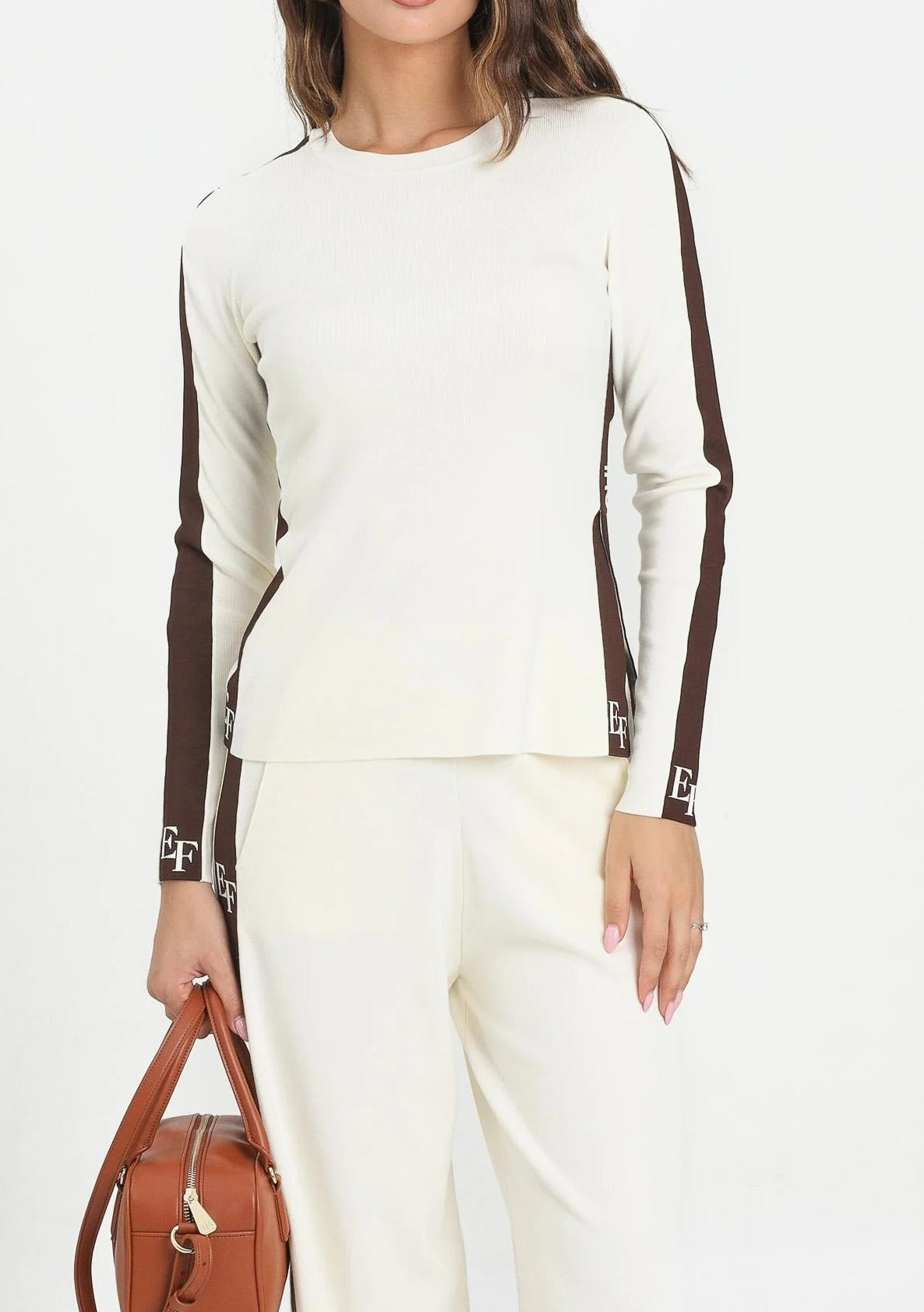 ELISABETTA FRANCHI Maglia Viscosa Bande logo-Milk Coffee