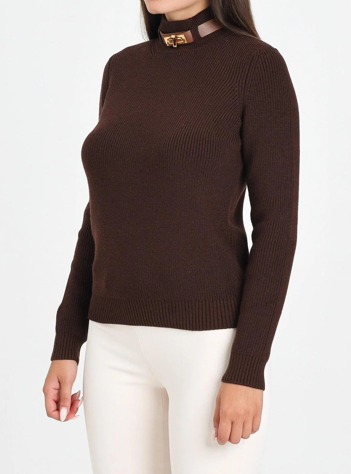 ELISABETTA FRANCHI Maglioncino Misto Lana Cinturino-Coffee