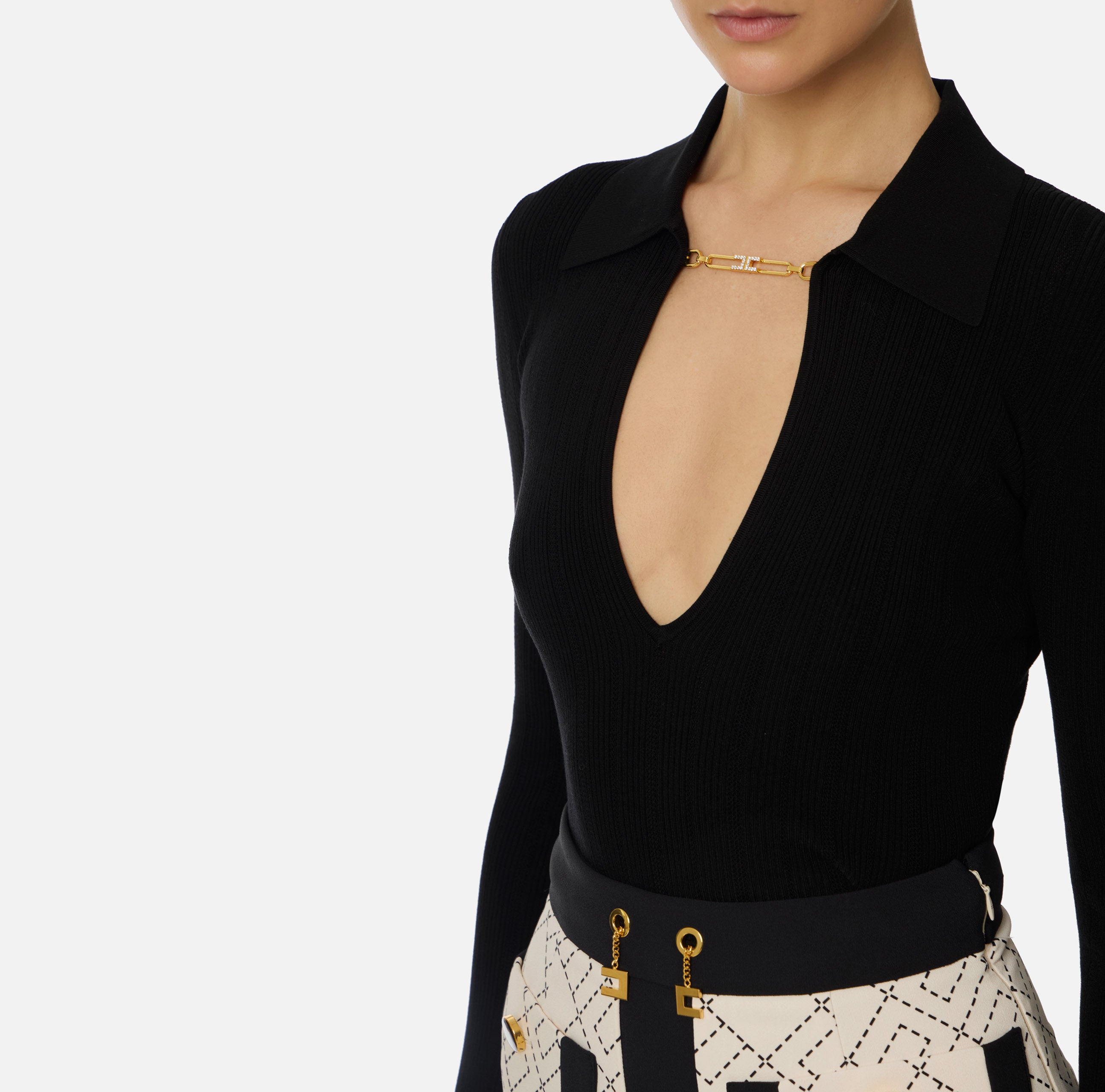 ELISABETTA FRANCHI Maglia Costine Dettaglio Gioiello-Nero