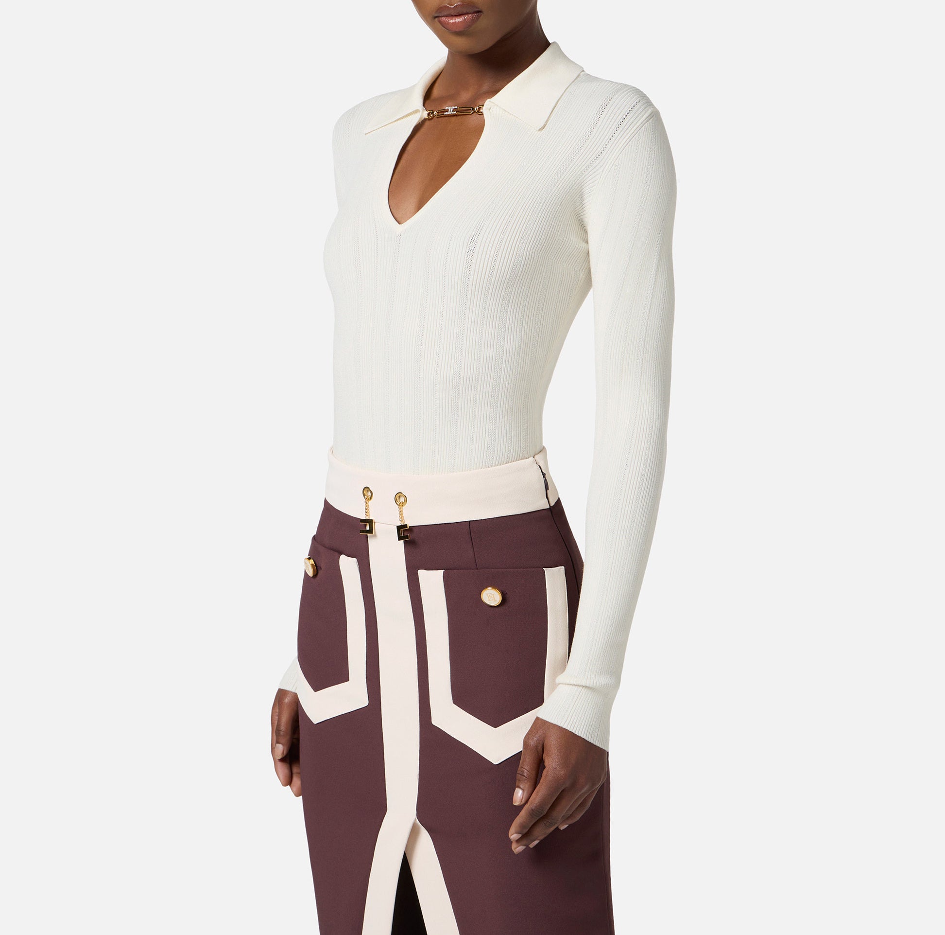 ELISABETTA FRANCHI Maglia Costine Dettaglio Gioiello-Milk