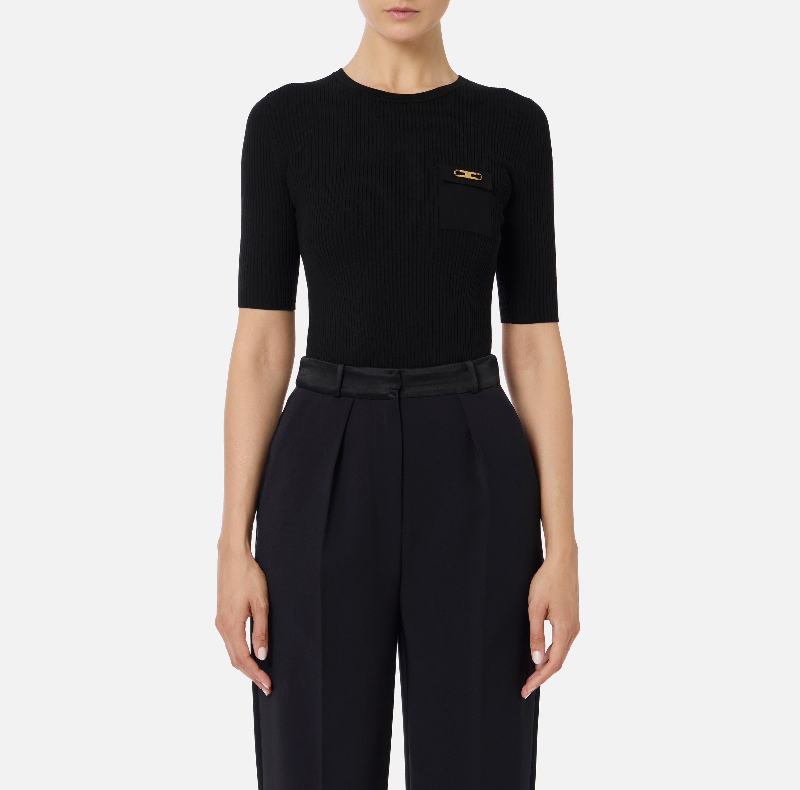 ELISABETTA FRANCHI Maglia Girocollo Costine Taschino Logo-Nero